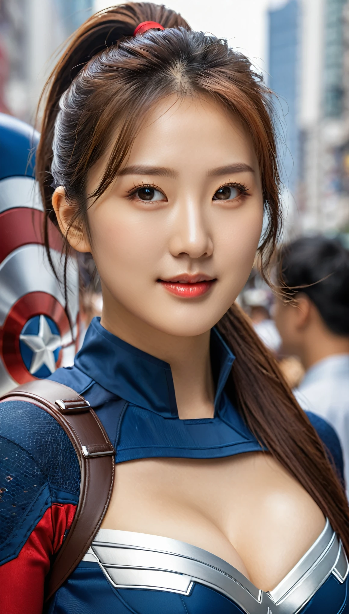 Close-up shot of beautiful korean female, 34 inch breasts size, high ponytail , slightly smile, wearing Captain America costume, in the city with crowded, UHD
