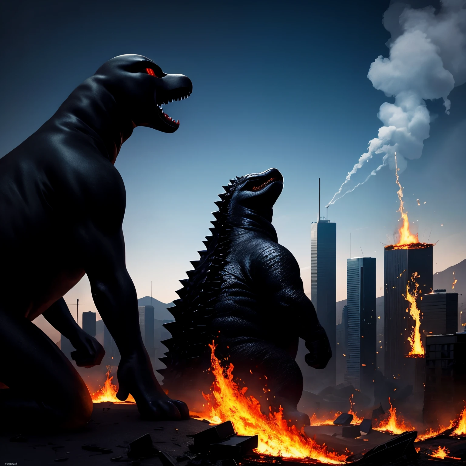 Godzilla, (masterpiece, best quality:1.2), broken city, broken land, fire,3d, solo, figure, no humans