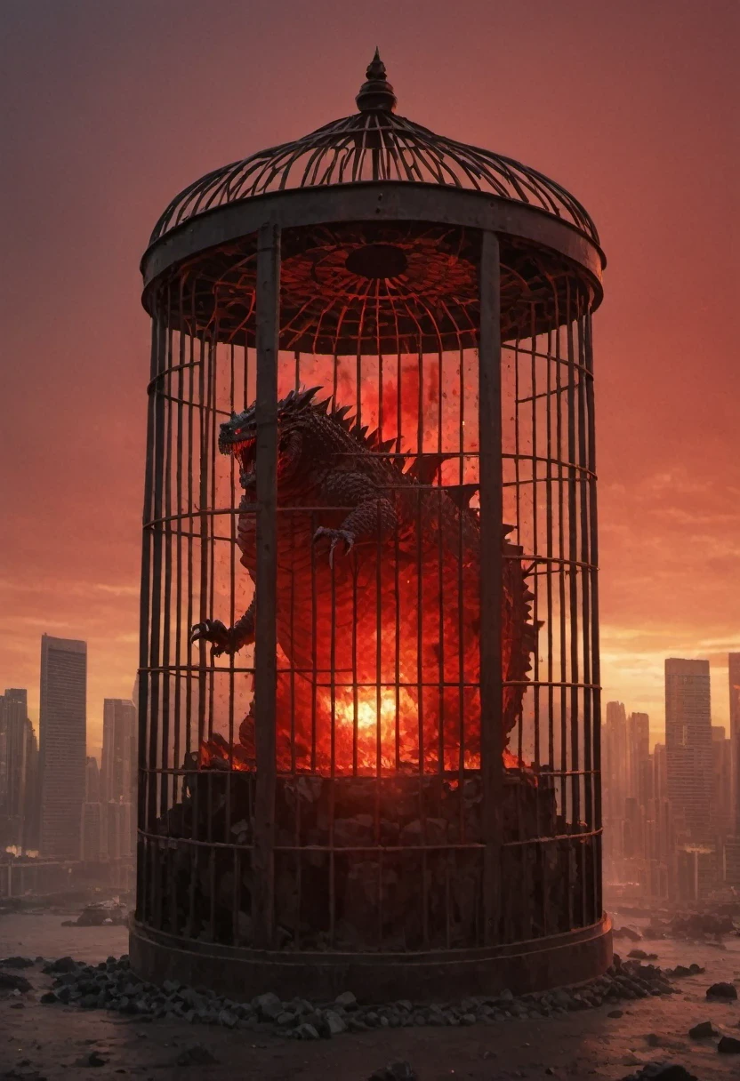 A huge iron cage has always been imprisoning 怪兽哥吉拉.Exploded，Monster Godzilla in a cage，Red sun，The people cheered