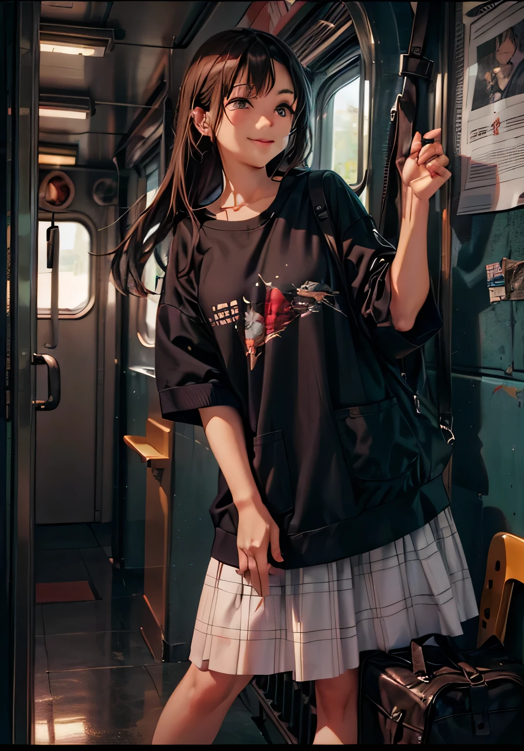 high quality, master piece ,1 girl,smile,(wearing a miniskirt:1.2),landscape,The train passes through a body of water on the tracks, Sparkling starry sky。romantic train,pixiv,concept art,Lopfe's Art Style, Lofiato, beautiful anime scene, anime landscape, Detail – Width 672, Makoto Shinkai's style, Makoto Shinkai's style,Enhanced detail。