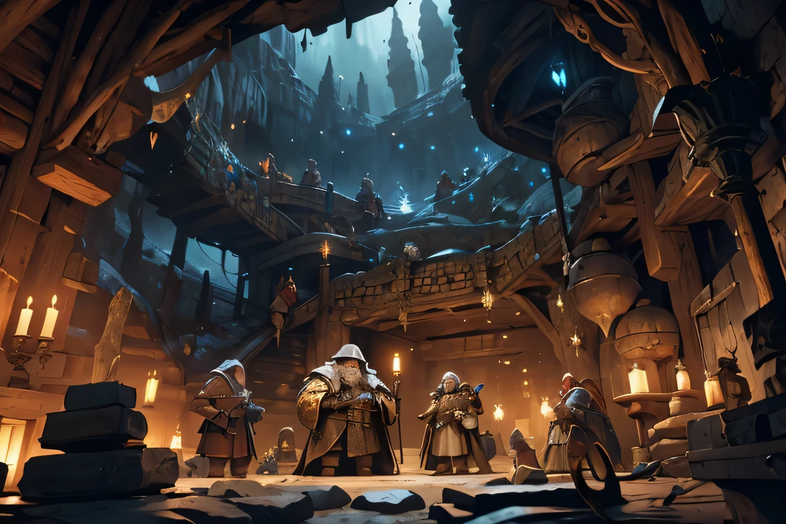 Medieval fantasy scene of dwarves diligently mining in a dark underground cavern, reminiscent of Baroque painting techniques, dramatic use of chiaroscuro lighting, intricate details of tools and gemstones, mystical glowing crystals, rugged terrain, epic scale