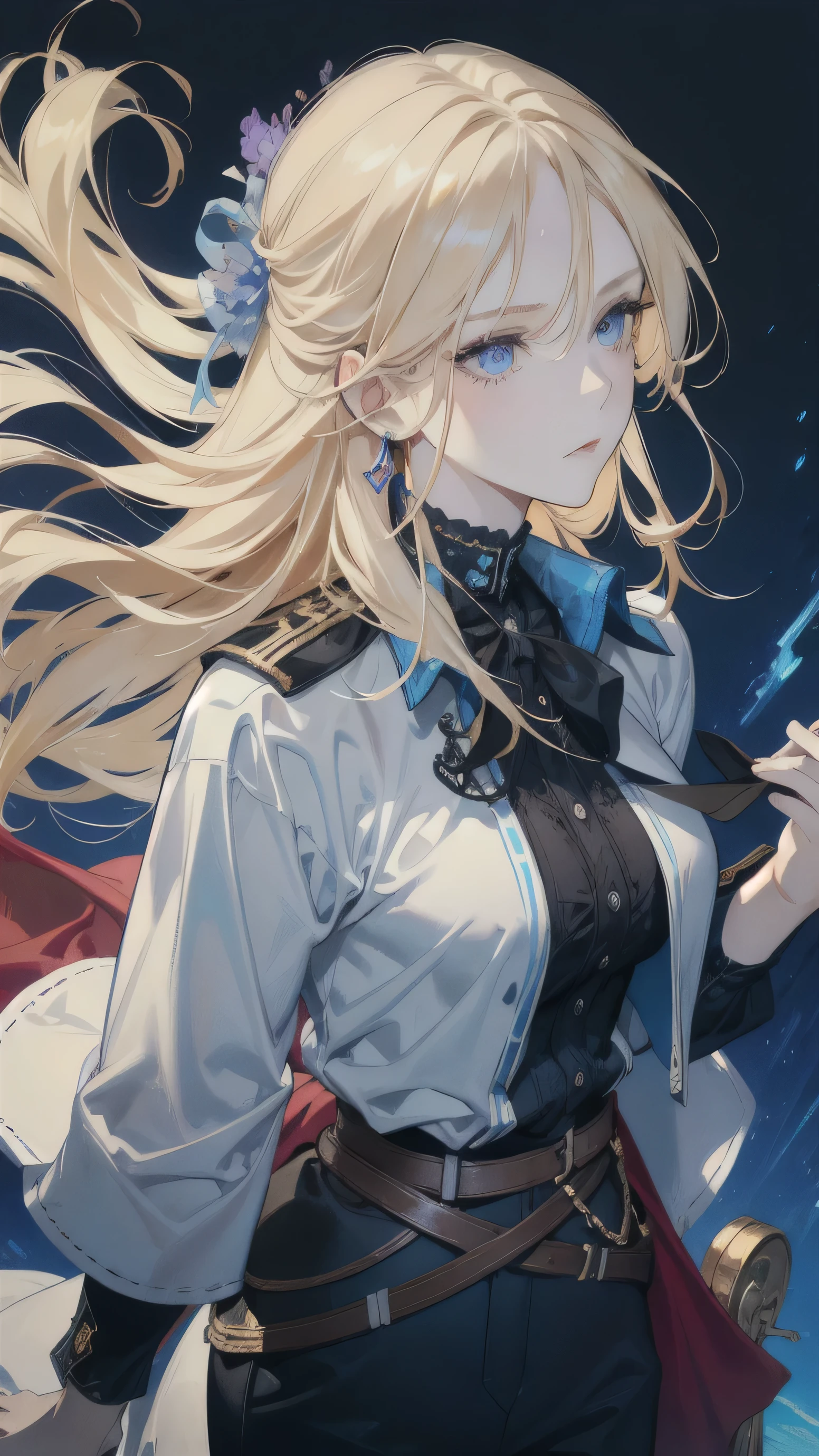 (absurdres, highres, ultra detailed), 1 female, adult, beautiful, finely detailed eyes, blond color hair, A young girl with flowing blonde hair cascading down her shoulders, framing a face adorned with determined blue eyes. She wears a vibrant red top with a white pirate emblem emblazoned on the chest, paired with fitted black pants and knee-high brown boots. FACING VIEWER FACING FRONT 