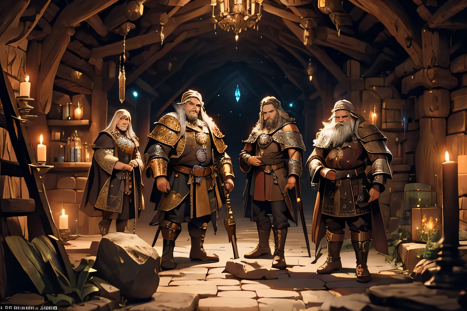 Medieval fantasy scene of dwarves diligently mining in a dark underground cavern, reminiscent of Baroque painting techniques, dramatic use of chiaroscuro lighting, intricate details of tools and gemstones, mystical glowing crystals, rugged terrain, epic scale