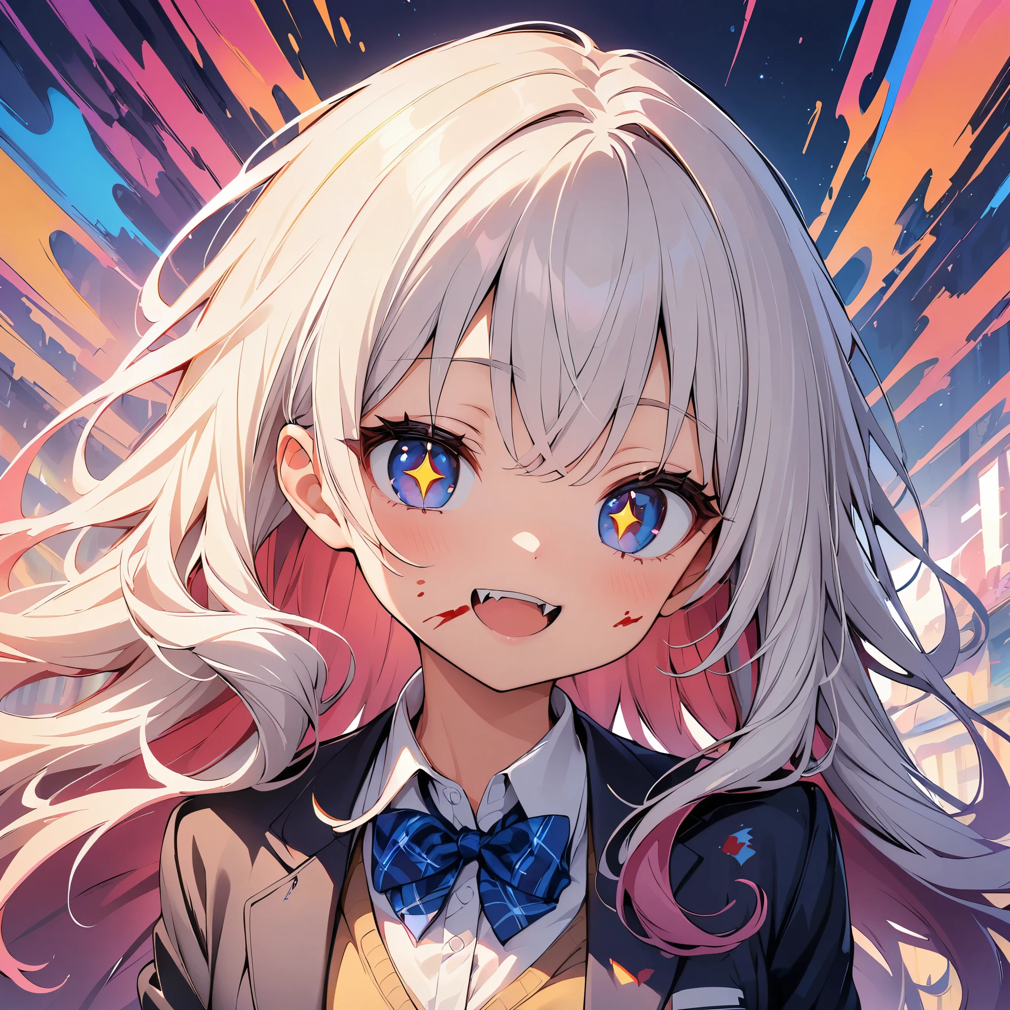 (highest quality, 4k, 8K high resolution, masterpiece:1.2), Super detailed,(1 girl, (JK, schoolgirl), long hair, slim body shape;1.2), (star-shaped pupil, +_+, pupil in the shape of a symbol, sparkling eyes), (open your mouth, Cute Fangs), (looking at the viewer, light smile), vampire, blood on my face, Blood on clothes, (chromatic aberration, abstract background, colorful background),