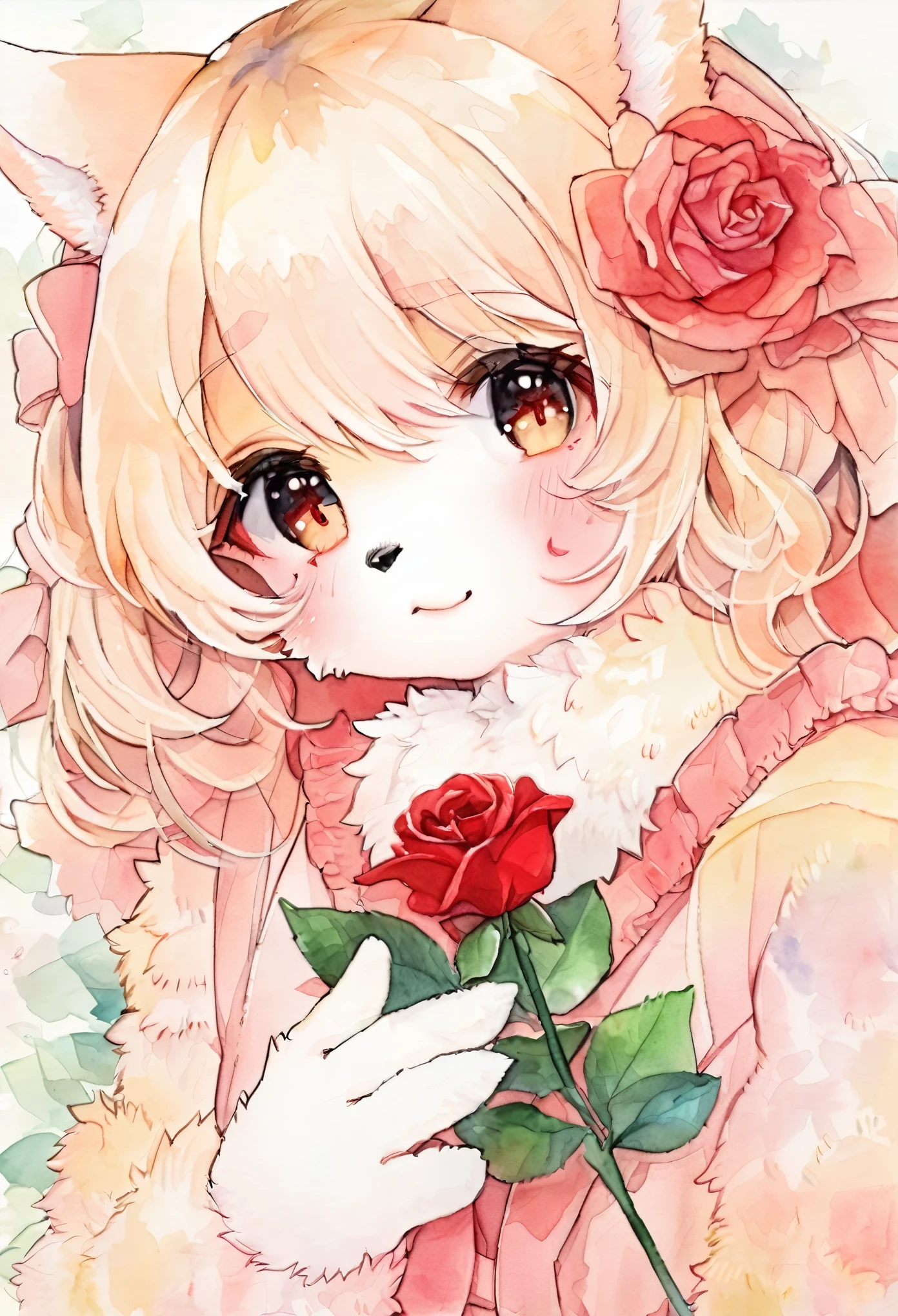 Watercolor elements, 1girl, kemono, furry, detailed body fur, animal face, animal hand, Pretty girl holding a red rose and looking at viewer,