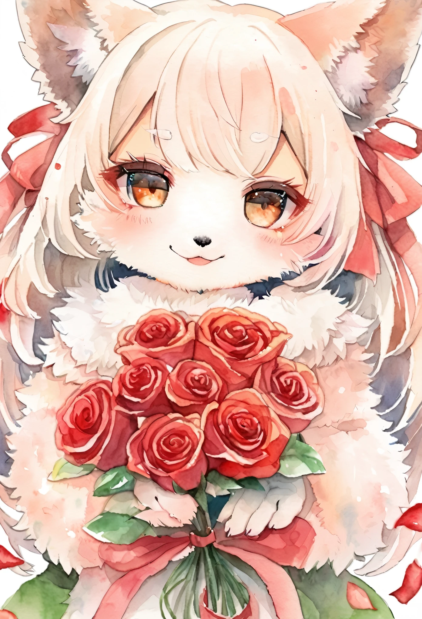 Watercolor elements, 1girl, kemono, furry, detailed body fur, animal face, animal hand, Pretty girl holding a red rose and looking at viewer,