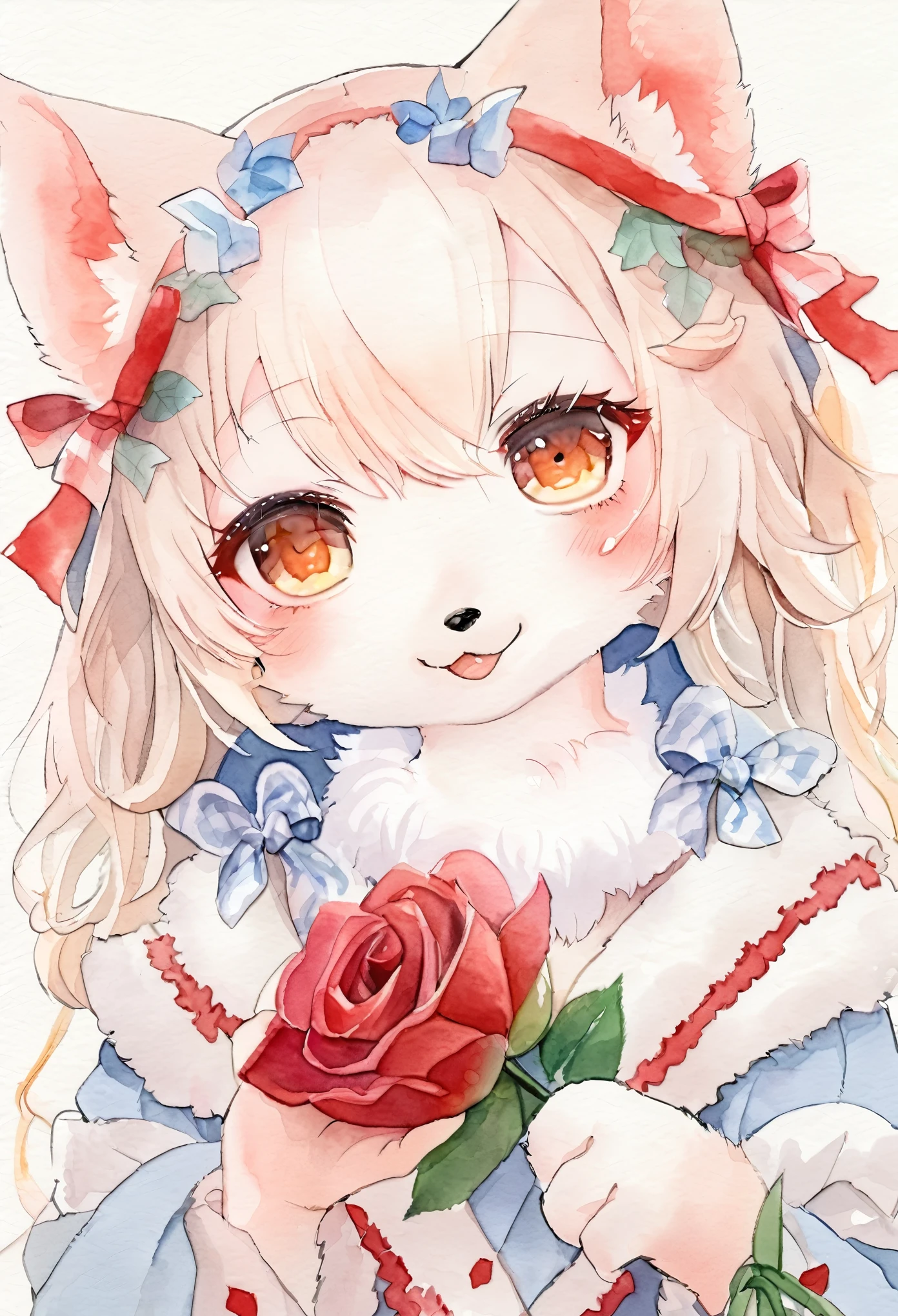 Watercolor elements, 1girl, kemono, furry, detailed body fur, animal face, animal hand, Pretty girl holding a red rose and looking at viewer,