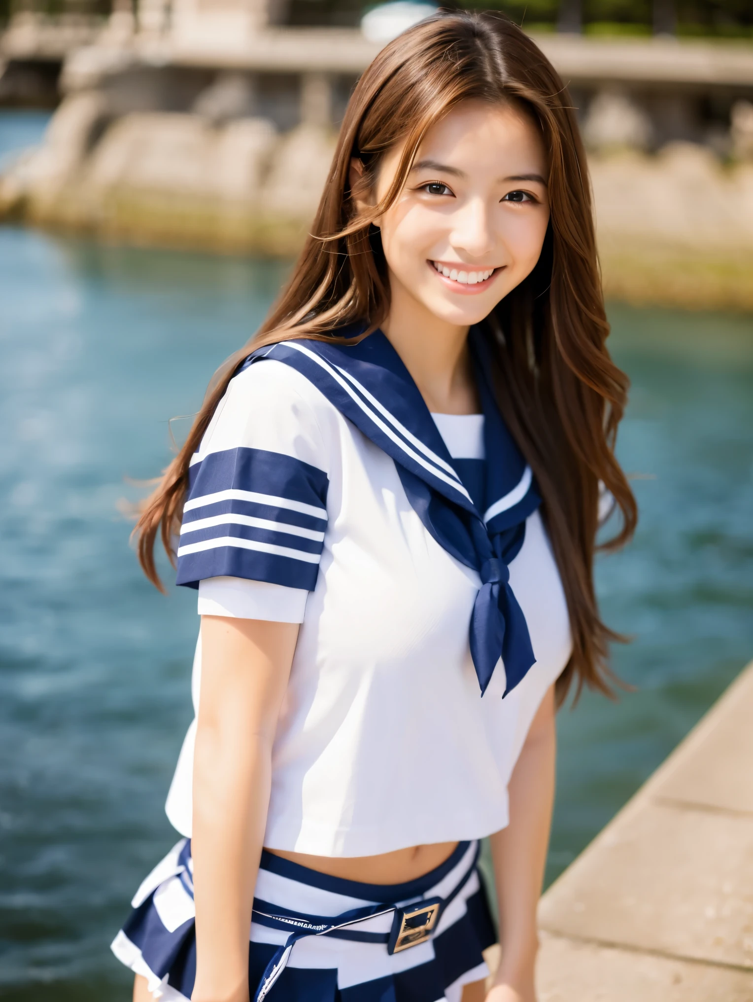 highest quality,best image,Japanese,big breasts,long brown hair,beautiful girl,sailor suit,smile