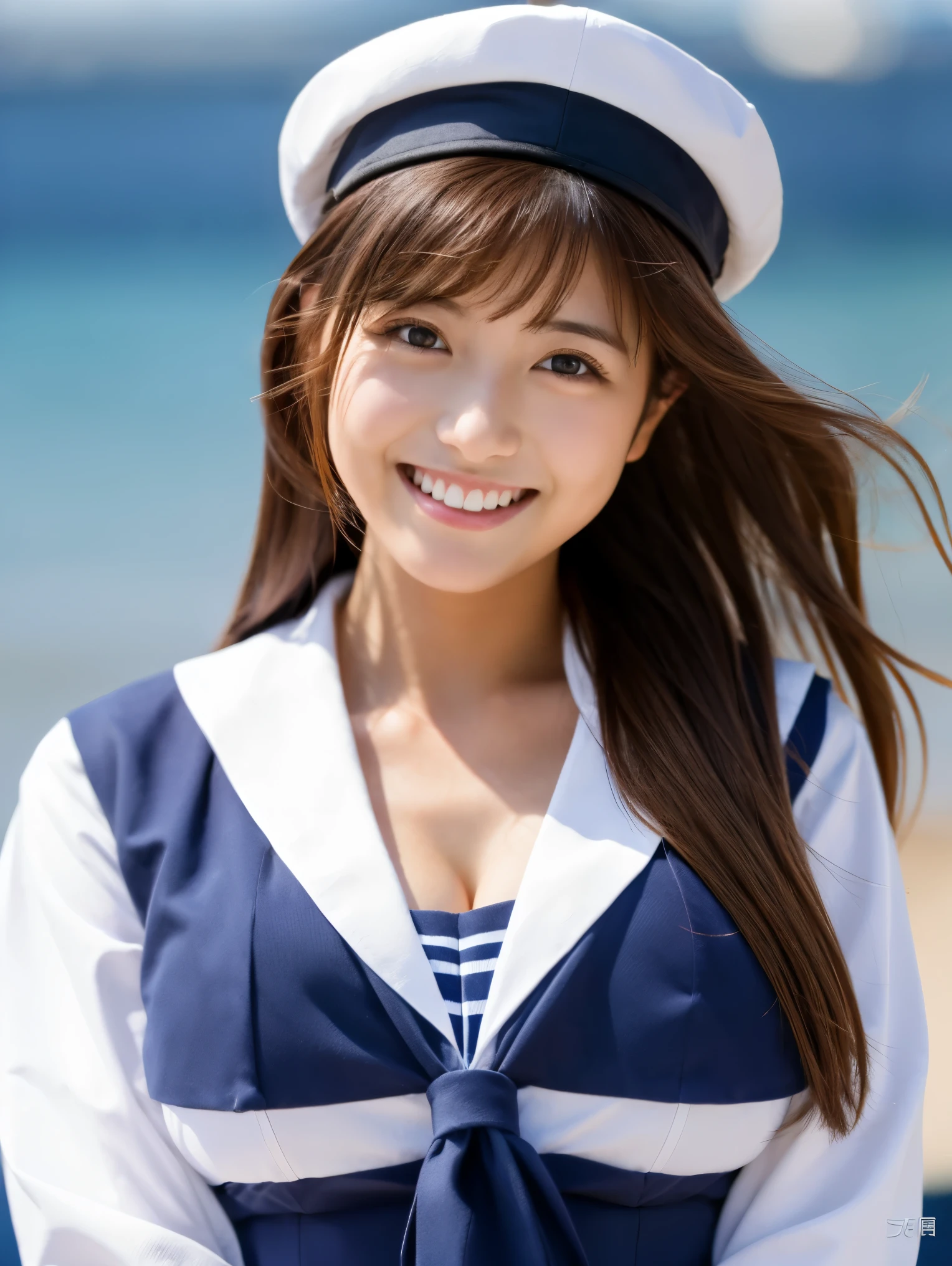 highest quality,best image,Japanese,big breasts,long brown hair,beautiful girl,sailor suit,smile