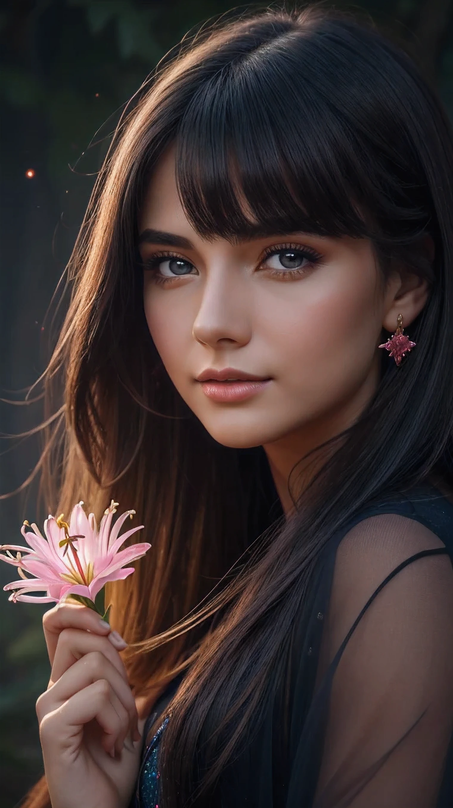 Beautiful realistic girl with blue long hair in the fog,deep atmosphere ,Close-up of clean skin with detailed skin ,full length,in black tights and a pink blouse ,on an orange background ,Against the background of the starry sky,Bright makeup,EARRINGS WITH GLITTERS,two-leaf gray flower,translucent speckled double leaf gray,Bioluminescent - Ultra High Quality 8K Music Equalizer, You high passion, Rich colors, Soft light, Super detailed photos. ultra high quality 8K, You high passion, Noise reduction, яркие Rich colors.. high quality, 8k Ultra HD, You high passionhigh quality,мягкие close focus,very beautiful flower, translucent red lily of the valley with dew drop flower, bioluminescent flower glows and shimmers, he grows in a mysterious forest, shrouded in mystery, Сверхhigh quality 8k, Youhigh contrast, Rich colors, Soft light, Ultra-detailed photos. Сверхhigh quality 8k, You high passion, Noise reduction, bright Rich colors.. high quality, 8k Ultra HD, You