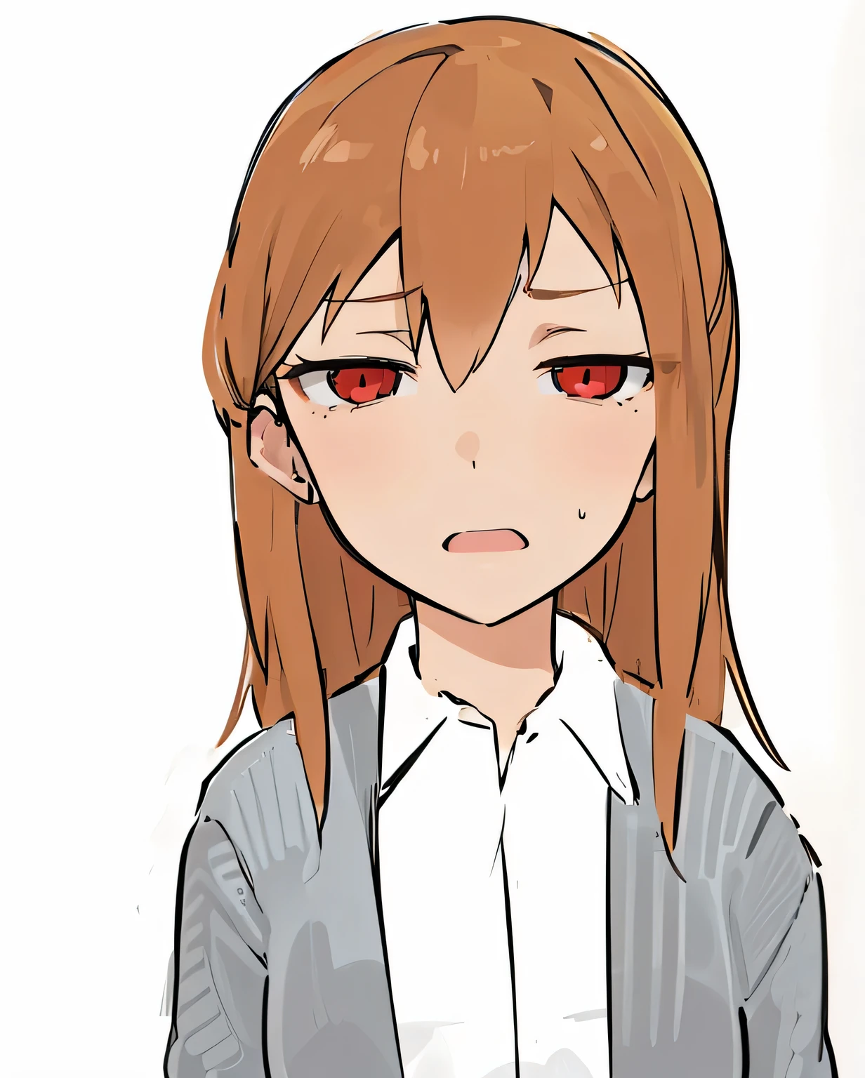woman brown hair long Stinking eyes Y-shirt cardigan stunned face red eye high resolution