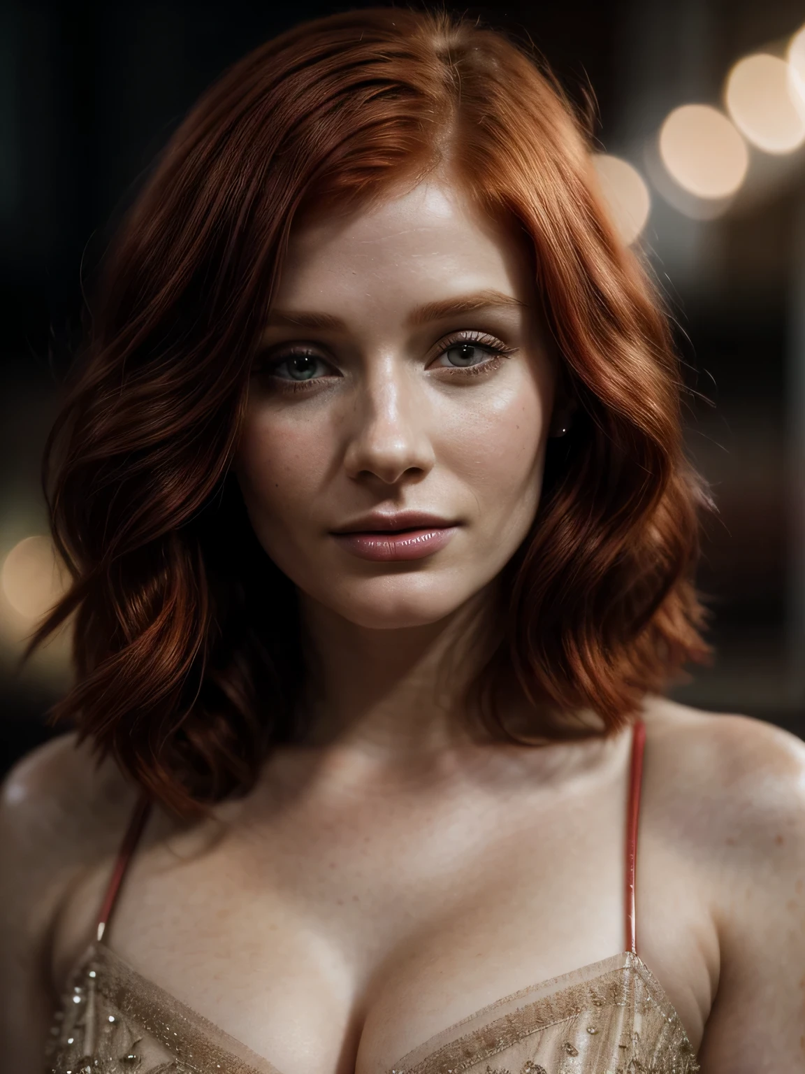 Beautiful redhead girl, Bryce Dallas Howard, short chanel hair (Extra long wavy red tresses), ((Portrait)), ((Detailed face:1.2)), ((detailed facial features)), (finely detailed skin), fair complexion, ,posing elegantly on flower shop, Radiating confidence, (Fashionable red dress), (Photorealistic rendering), (High resolution: 4K or above), (Sharp rendering: Retina ready), Masterpiece, (Cinematic mood), Captured using Canon EOS R6, 85mm Lens, F/1.4, Natural light,
