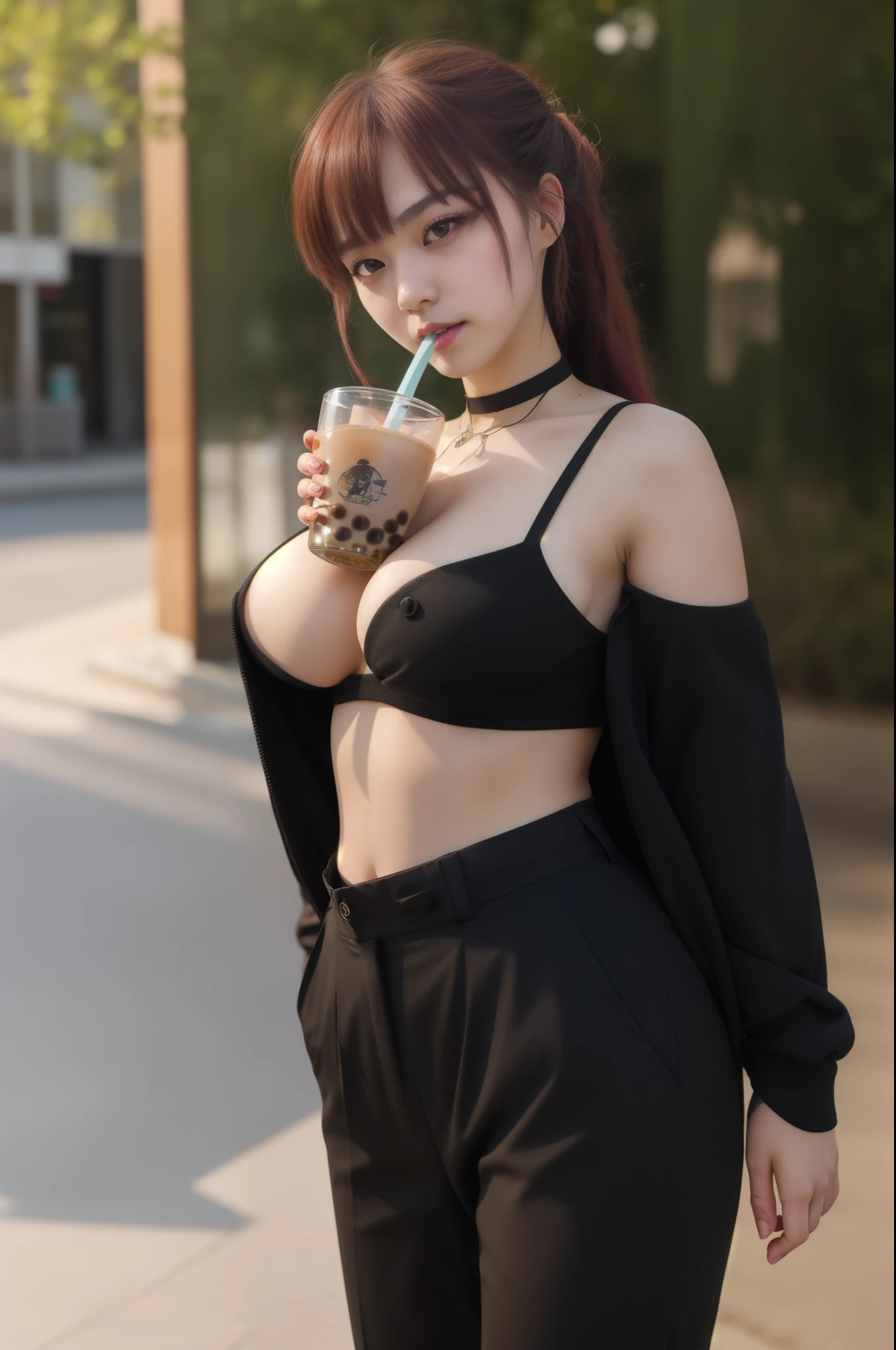 extremely detailed fine touch, natural light, sun light, light rays, dappled light, reflection, shadows, ray tracing, masterpiece, best quality, highly detailed, kaori, 1girl, bangs, bare shoulders, blurry, blurry background, breasts, bubble tea, bubble tea challenge, cup, day, depth of field, disposable cup, drink, drinking, drinking straw, eyebrows visible through hair, hand on hip, high-waist pants, large breasts, long hair, looking at viewer, midriff, navel, outdoors