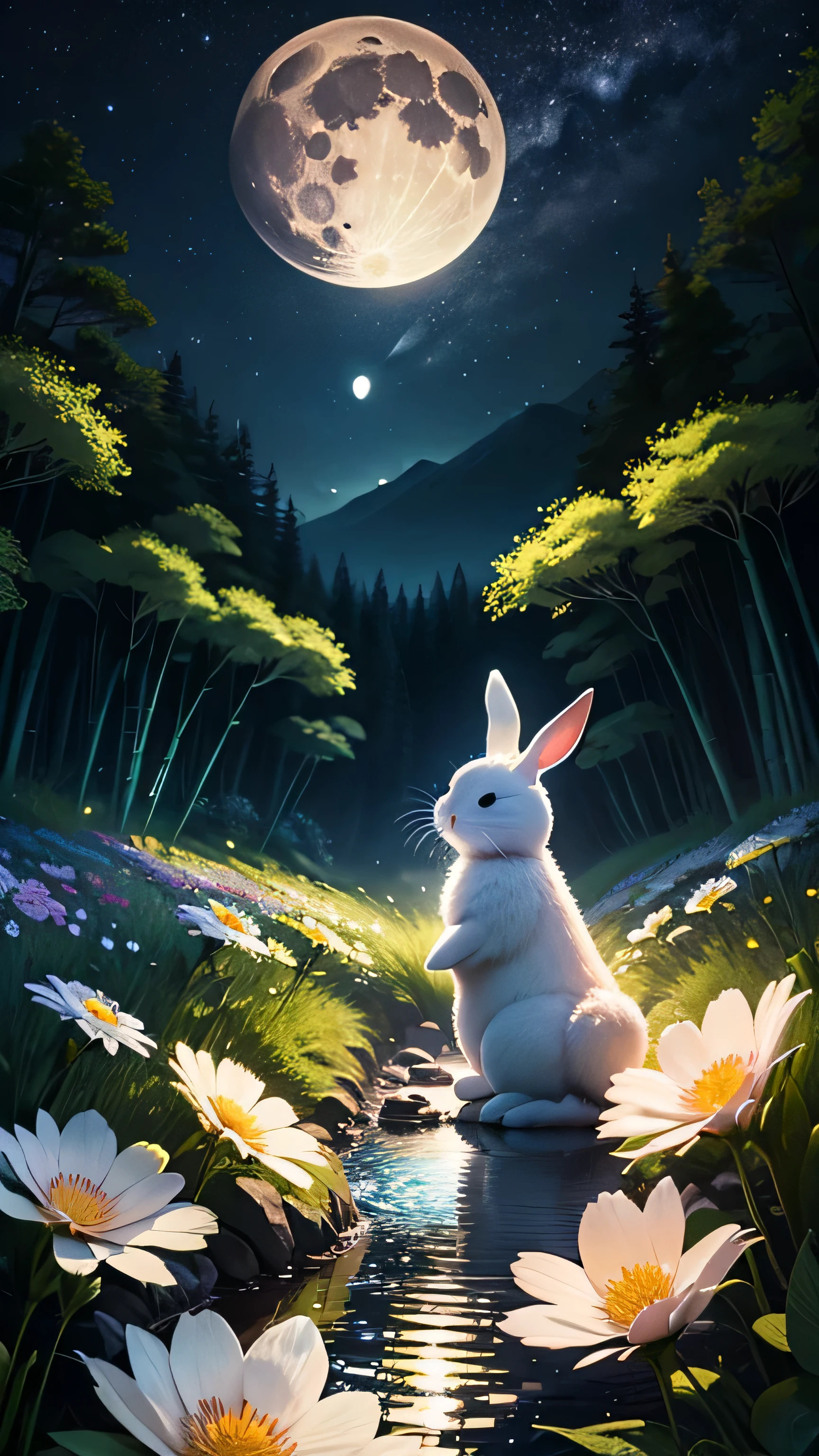 Night under the bright night sky，starry，Surrounded by dense bamboo forest，The meadows are full of flowers，The white rabbit is standing among the flowers，There is water flowing through，Rabbit looks up at the moon，full moon