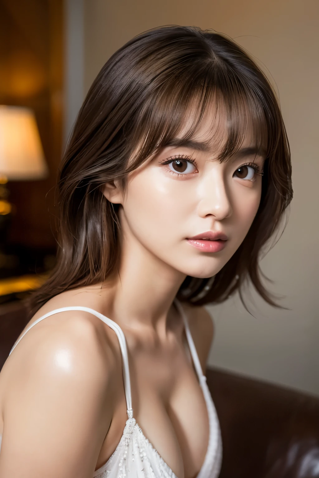(8K, original photo, highest quality, masterpiece: 1.45), (actual, lively: 1.37),1 beautiful girl、 Japanese、asian beauty、super beautiful、beautiful skin、thin、(upper body)、(surreal)、(High resolution)、(8K)、(very detailed)、(Super detailed)、big eyes、brown eyes、long eyelashes、detailed face、gloss lip,bright lighting、professional lighting、looking at the camera、serious expression、look straight ahead、medium hair、brown hair、Hotel with night view、sitting on the sofa、Nogizaka Idol、actress、20-year-old、big breasts、huge breasts、wet skin、silver latex suit、cleavage cutout、baby face、Moisturized and realistic skin texture、moist lips、natural shadows、nsfw,