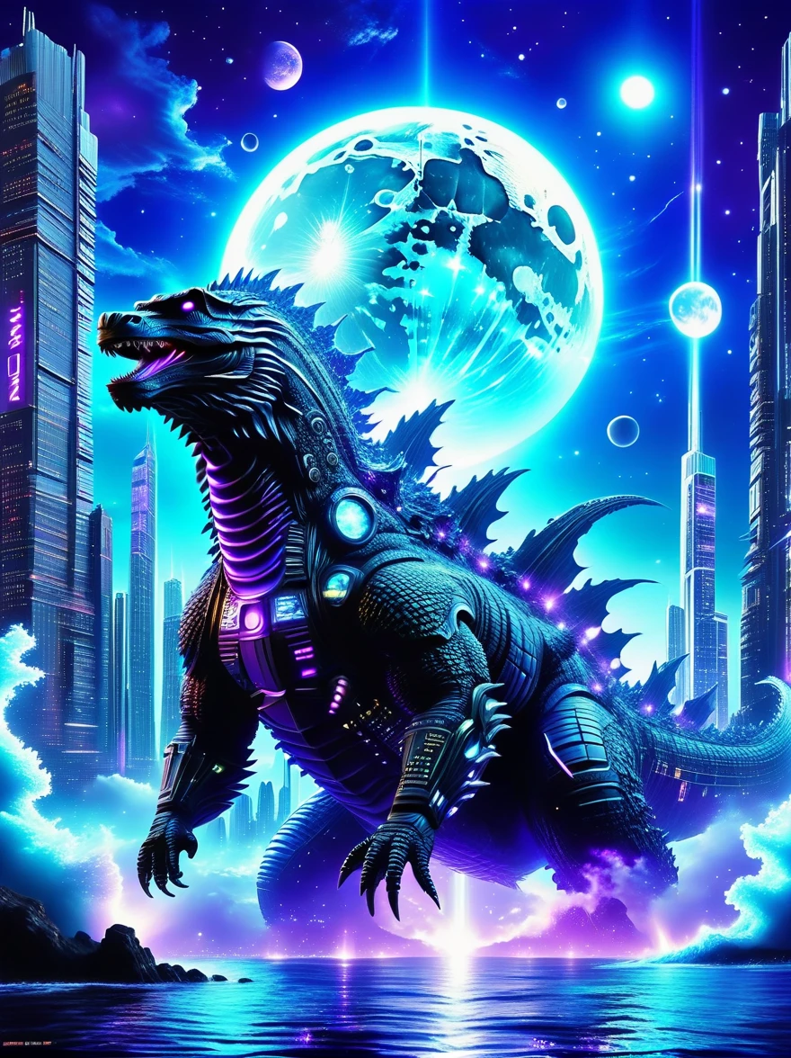 Godzilla , ocean，The backdrop is a futuristic city, science fiction style, blue and violet, bright, Sky background at night，There are many stars and a moon that splits in two. Super real photos