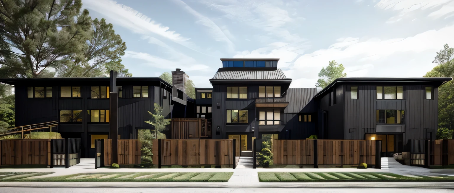 house exterior industry style, dark yellow and green color scheme, like an oldtime industry factory,raw materials, exposed structural elements, and simple, clean lines,rough-hewn steel, polished concrete, glass, and exposured brick,