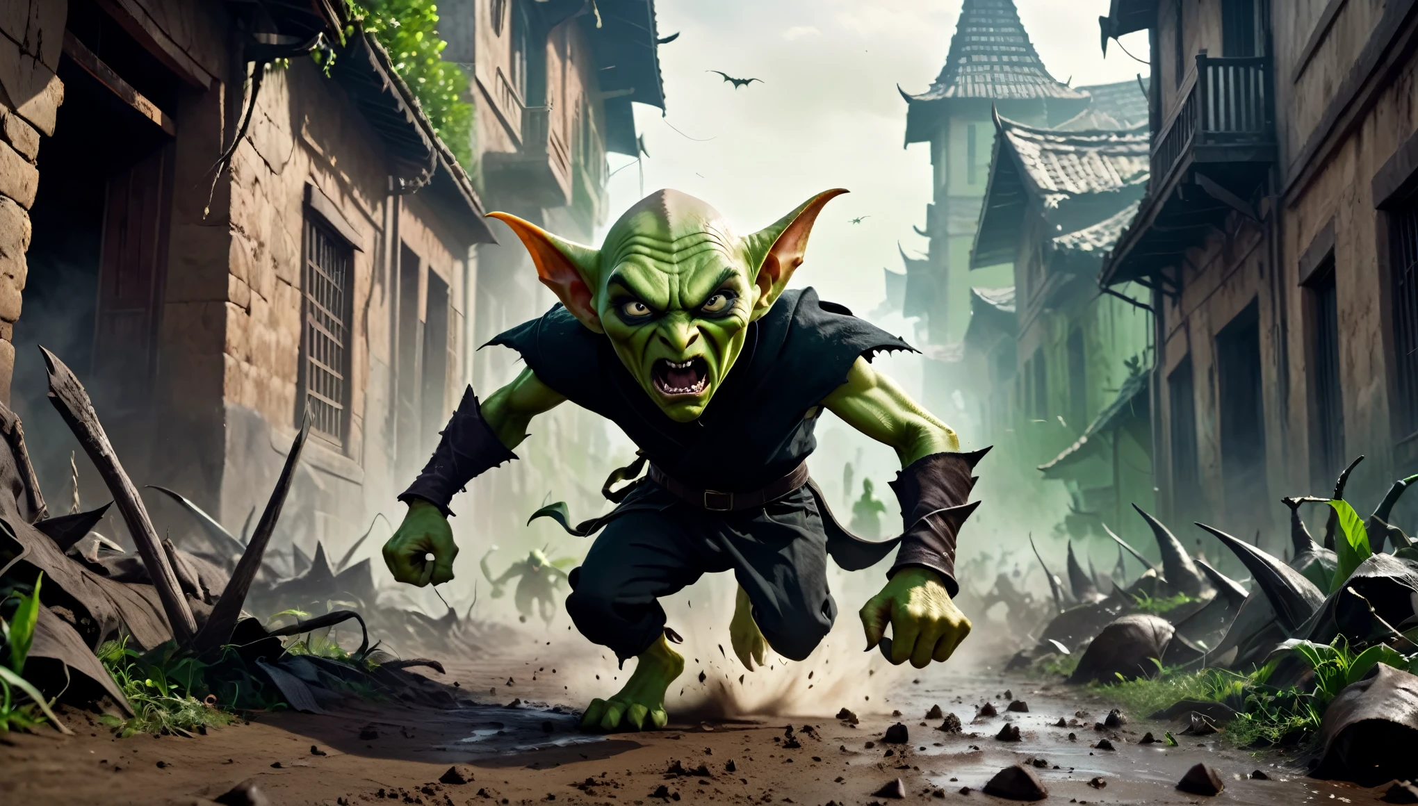 (master piece), 8k, best quality, panoramic view, Goblins, green, black and malicious eyes, evil, huge pointed ears, sharp teeth, bald, thin, 1 meter, 120 centimeters tall, dirty torn cloth clothing, attacking, running up, full of action, adventure, angry expression.