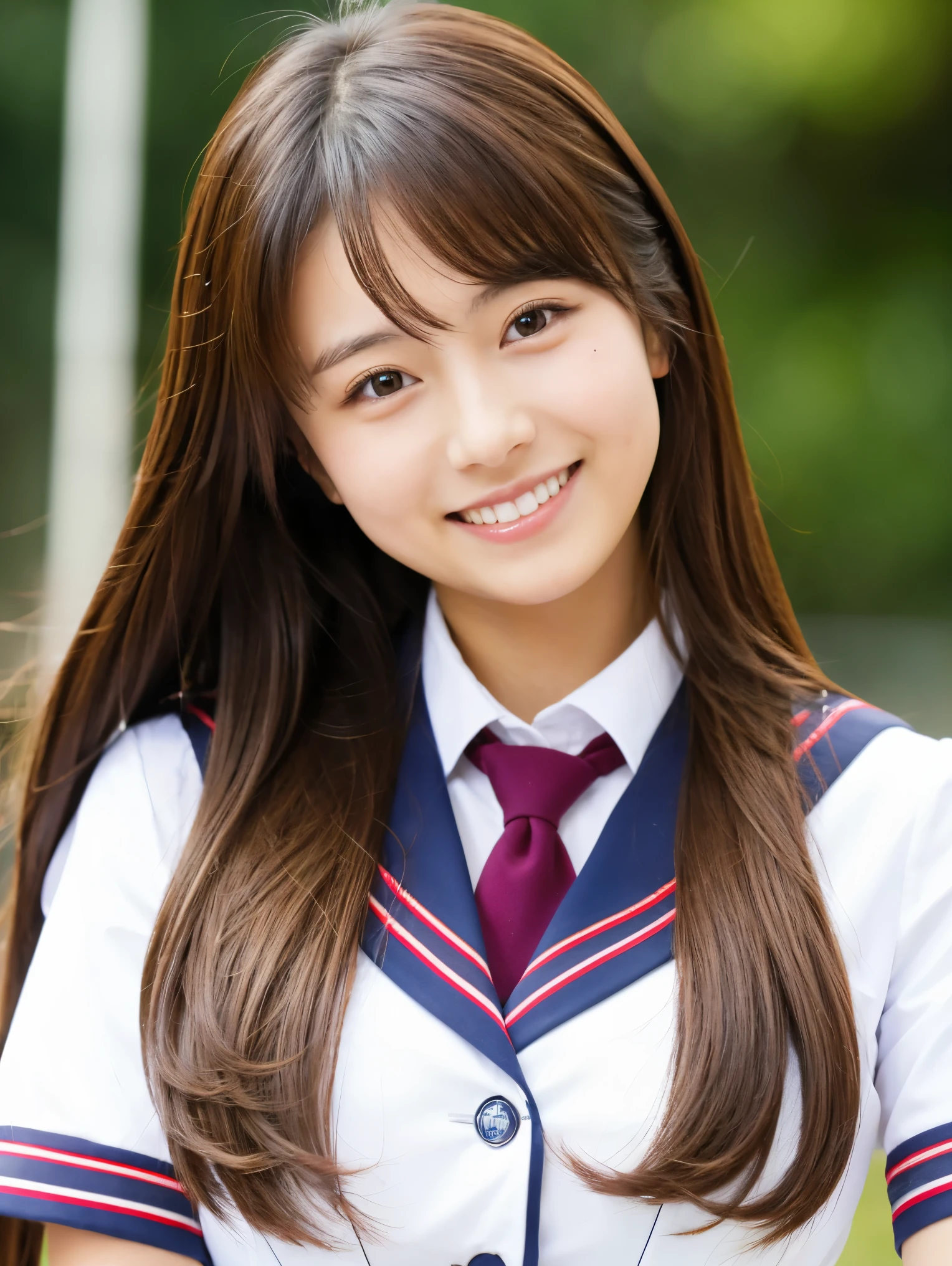 highest quality,best image,Japanese,big breasts,long brown hair,beautiful girl,uniform,smile