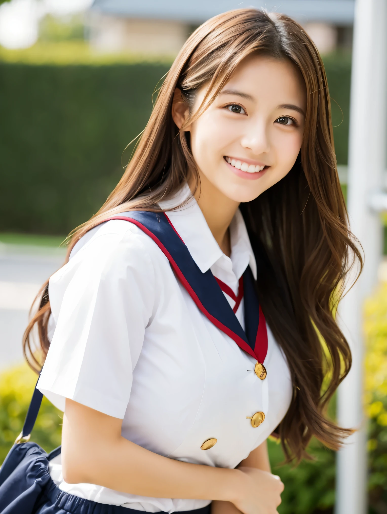 highest quality,best image,Japanese,big breasts,long brown hair,beautiful girl,uniform,smile