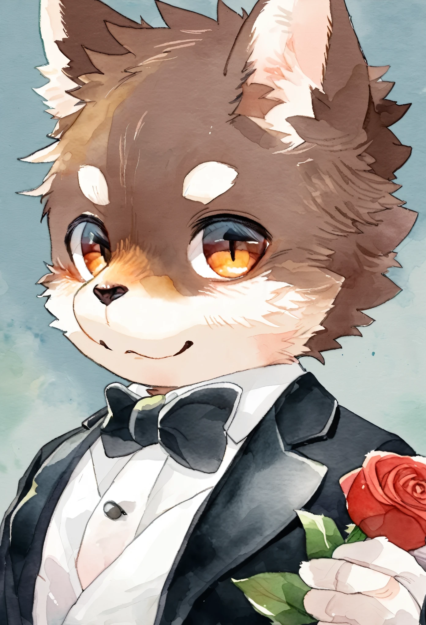 Watercolor elements, 1boy, kemono, furry, detailed body fur, animal face, animal hand, Handsome boy in tuxedo holding a red rose and looking at viewer,