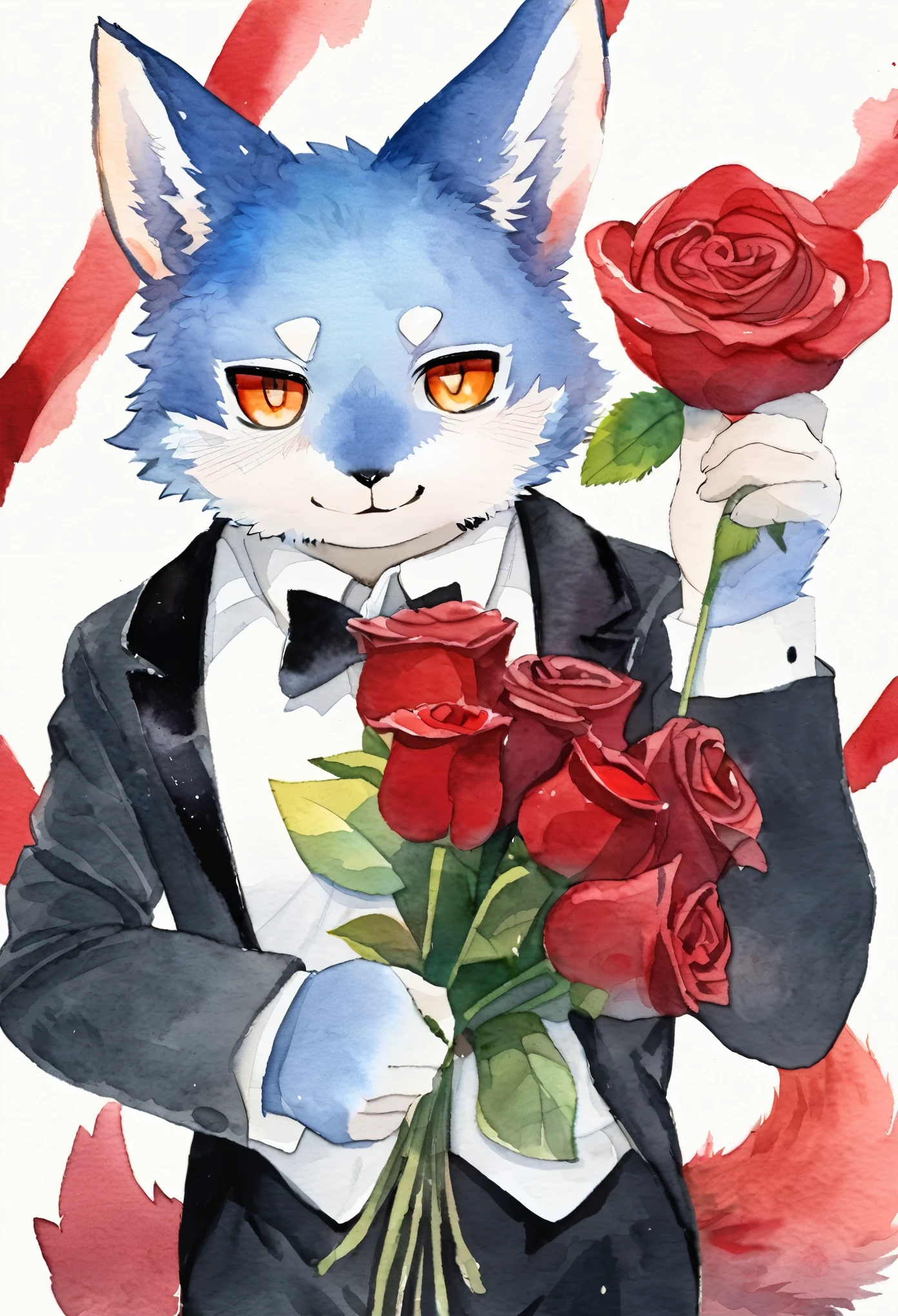 Watercolor elements, 1boy, kemono, furry, detailed body fur, animal face, animal hand, Handsome boy in tuxedo holding a red rose and looking at viewer,