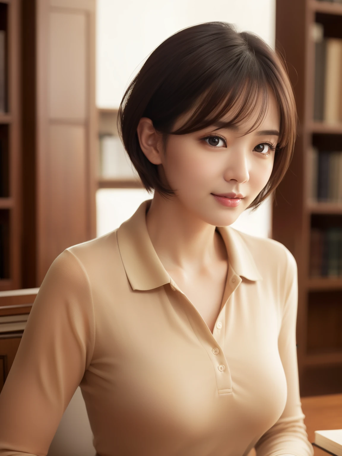 ((masterpiece))、((highest quality))、photograph、reality、High level image quality、Advanced depth of field、get used to it、realistic lighting、secretary、40 years old、delicate features、short hair、Realistic background and accessories、big and full breasts、sexy lips、quiet and dark library、Beige tight mesh polo shirt that expresses the roundness and softness of the chest..、unbutton、close、waist shot、troubled face、evening、attractive appearance、light smile、