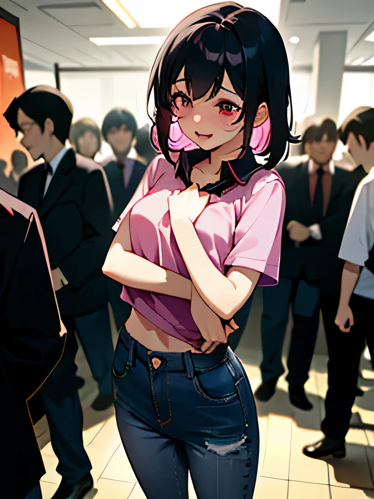 No bra, lower body, Japanese, very short, pubic hair, beautiful breasts, embarrassing, shyness, worries, beautiful breasts, black hair, changing room, changing clothes, standing, arms, hands on chest, magenta polo shirt, jeans, small breasts ((lift the skirt yourself)))、(I lifted it myself)、panties on、panties focus、blush、split lips、looking at the viewer、semi body shot、(a large crowd gathers)、(on the streets of tokyo)、(((Get excited and show off your genitals )))