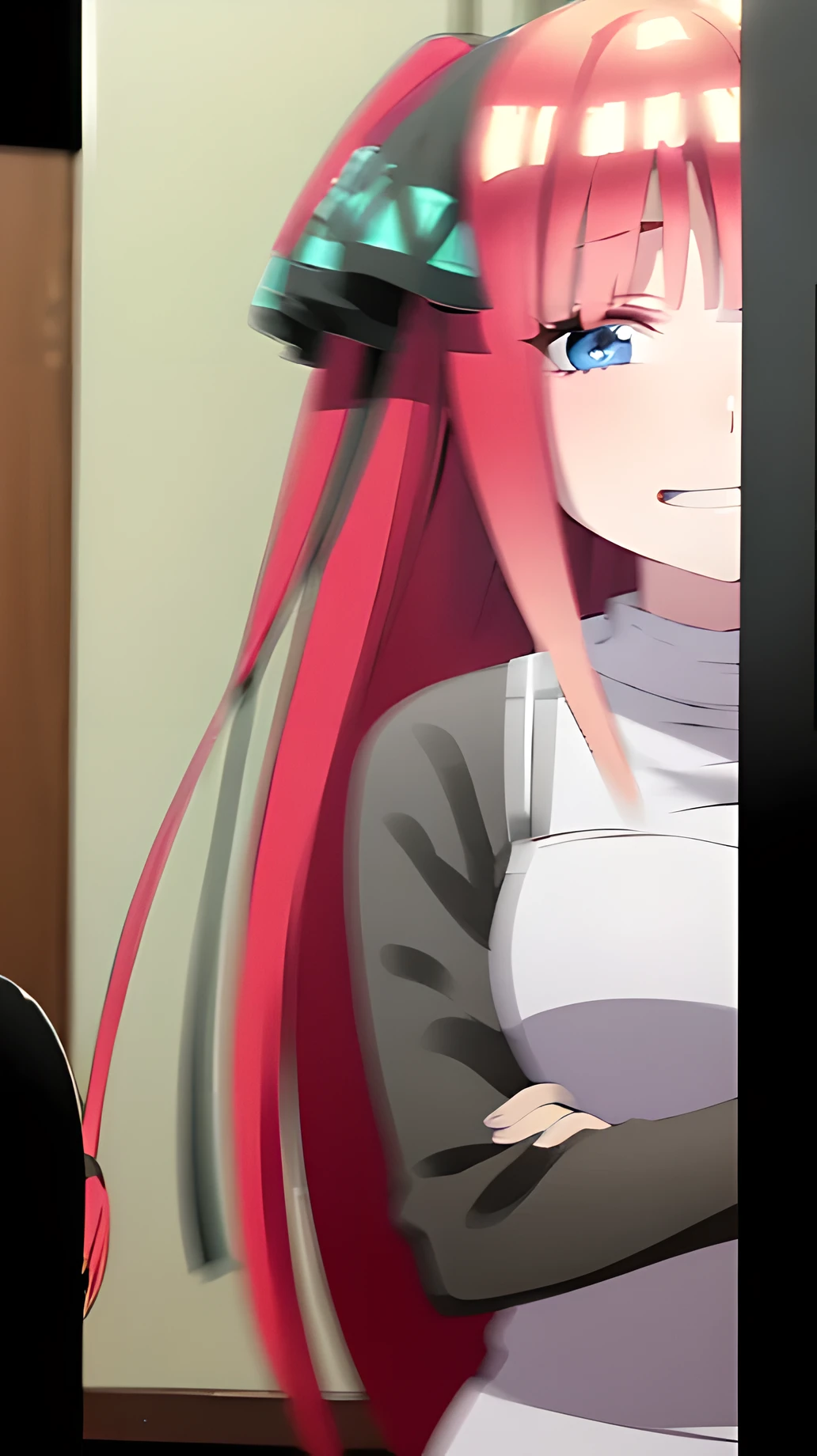 (masterpiece), high quality, (detailed background:1.3), 1girl, ChopioNino, long hair, red hair, shiny hair, blunt bangs, black ribbon, hair ribbon, blue eyes, (looking at viewer:1.3), mature female, large breasts, outfit_1, black cardigan, open cardigan, white shirt, collared shirt, sleeves past wrists, green skirt, pleated skirt, zettai ryouiki, white thighhighs, nail polish, living room, table, standing, arms under breasts, happy, smile, crossed arms,