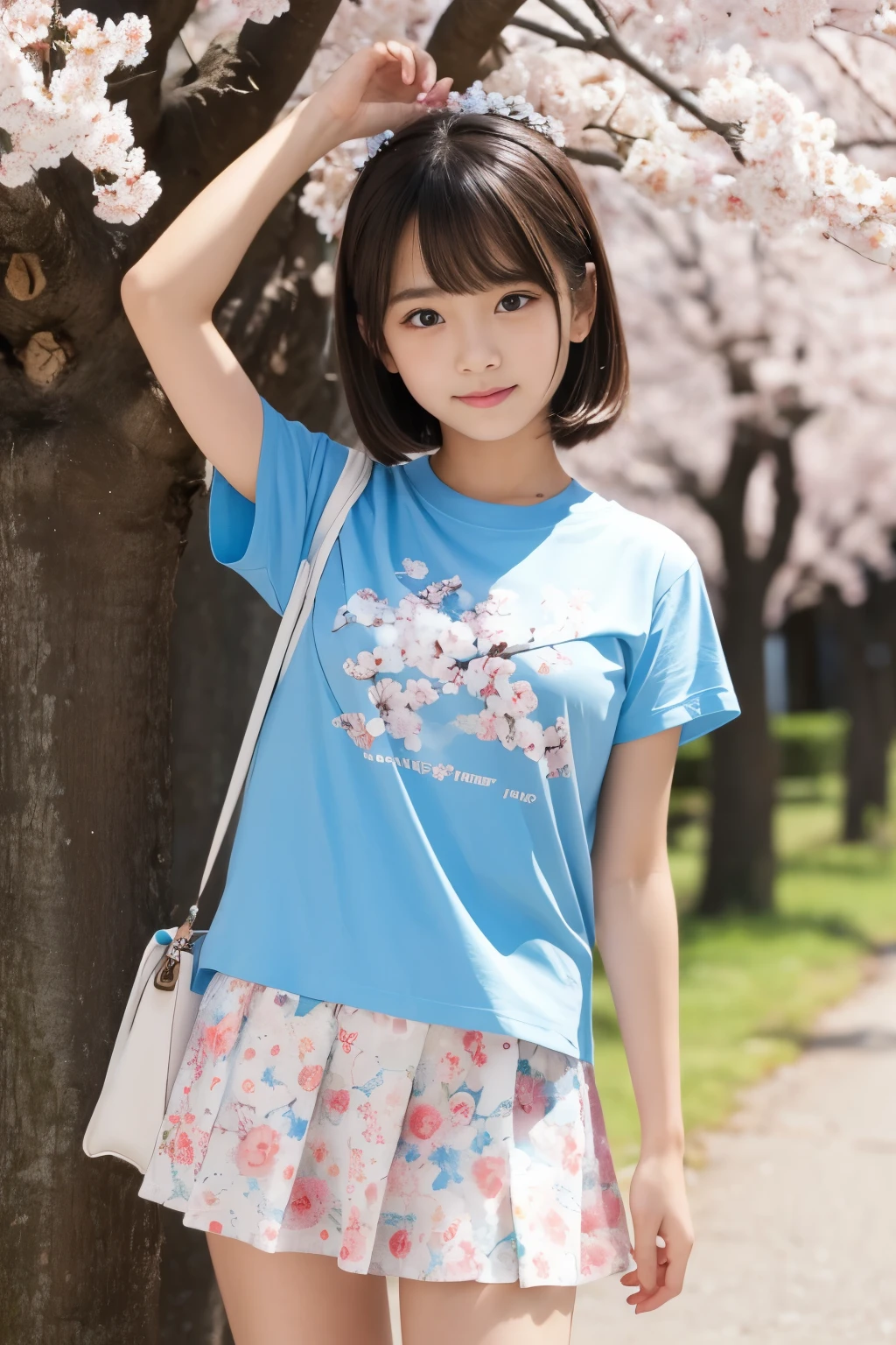 masterpiece, japanese, a little beautiful girl, 13 years old, beautiful face, smile, look at the camera, straw hat, Wearing shorts and T-shirt, white sneakers. Wearing tops and shorts, flowers, portrait, casual pose, thin legs, solo,