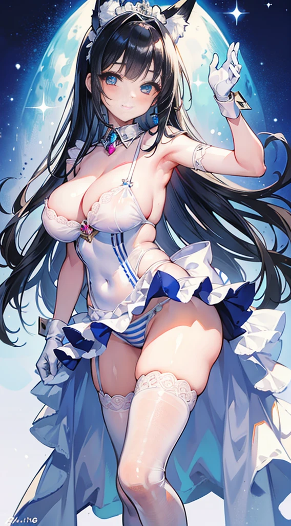 high quality, masterpiece, super detailed, 1 girl,  extremely detailed faces, Blue-white striped bikini，White gloves，white christmas stocking，Maid tiara，Dance ballet,handcuffs，collar，Calm expression,Smile，handcuffs，collar，long black hair, charming pink eyes, fox ears, Ridiculously big, shiny skin, Dance room, 