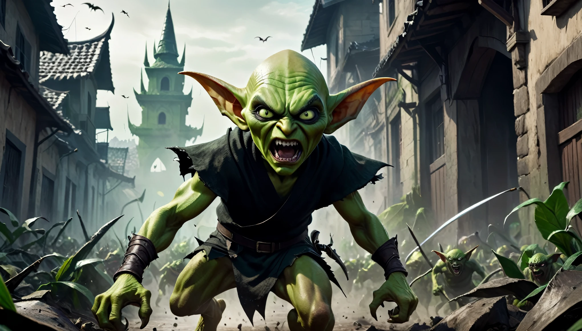 (master piece), 8k, best quality, panoramic view, Goblins, green, black and malicious eyes, evil, huge pointed ears, sharp teeth, bald, thin, 1 meter, 120 centimeters tall, dirty torn cloth clothing, attacking, running up, full of action, adventure, angry expression.