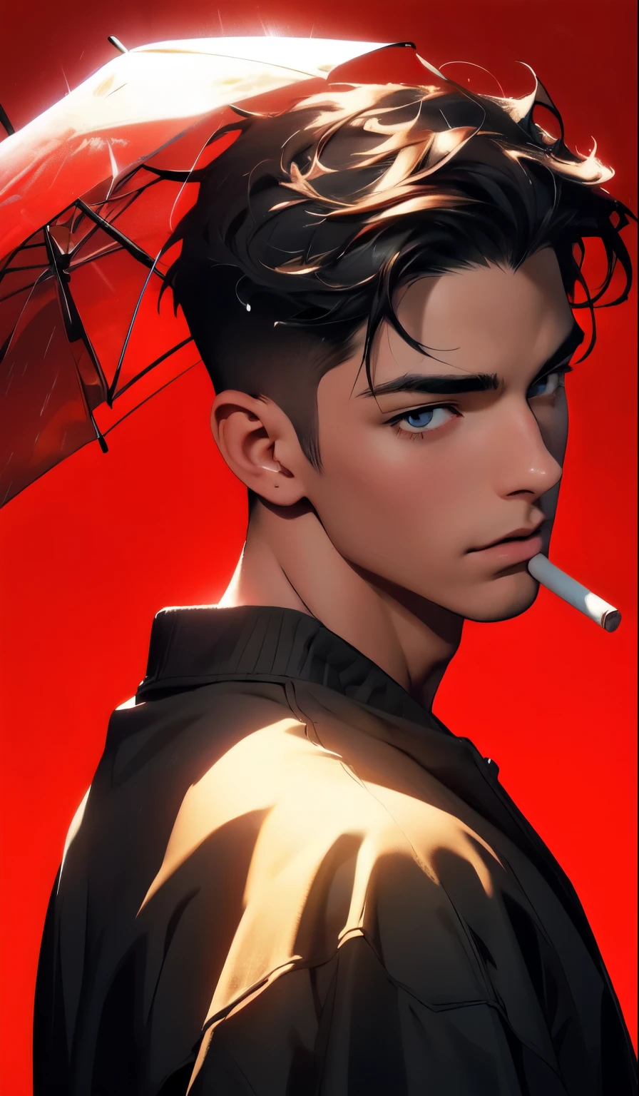 1boy,red background,absurdres,masterpiece,highres,intricately detailed,a Sigma male,sexy,muscular,strutting outdoors,gorgeous eyes,detailed face,pouring rain,outdoors,global illumination,subsurface scattering, drinking cigarette 