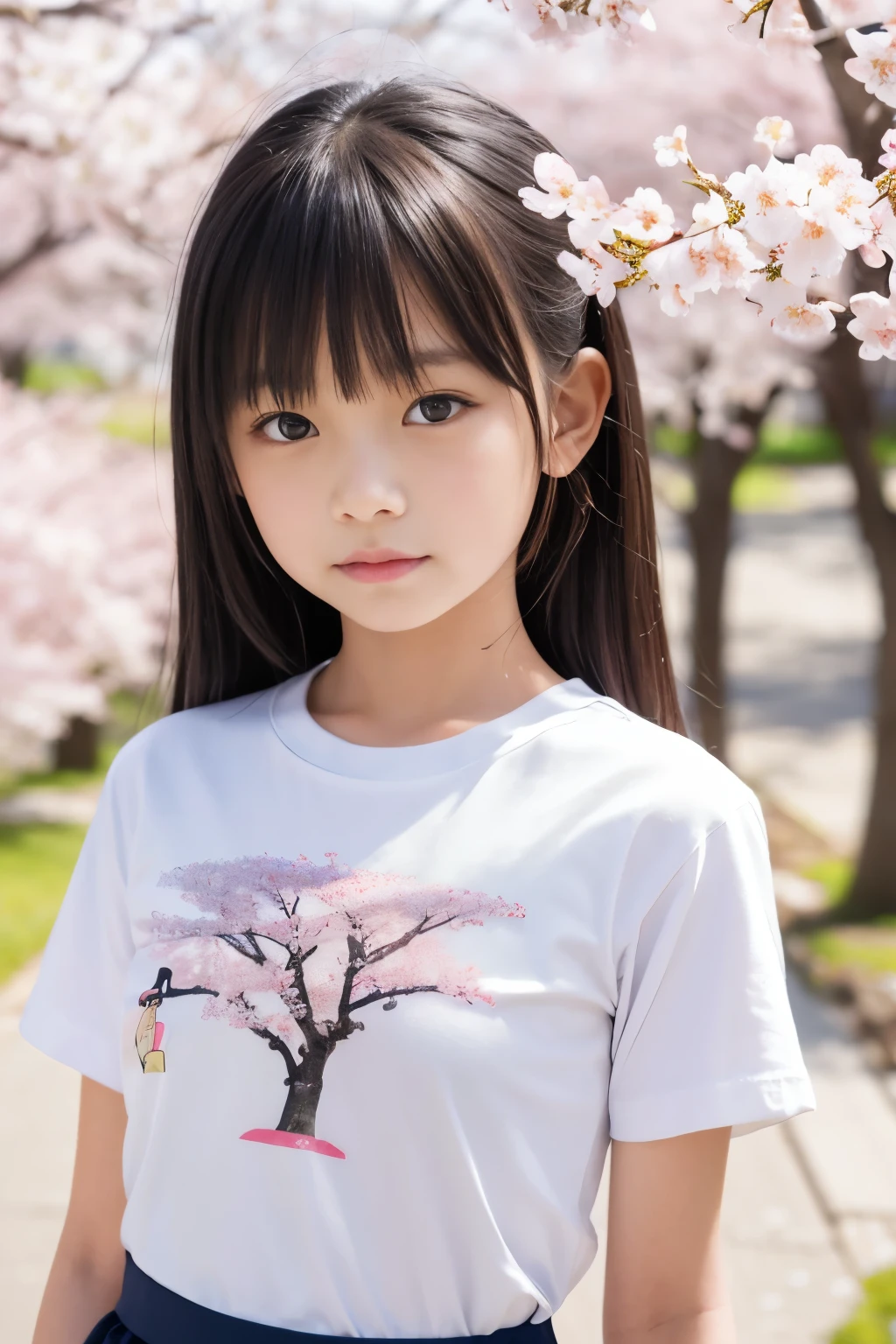 8K,masterpiece,Japanese,9  girl,from the front,Innocent face,calm eyes,Childish,T-shirt,short sleeve,short skirt,semi-long,noon,bright,Cherry blossom trees