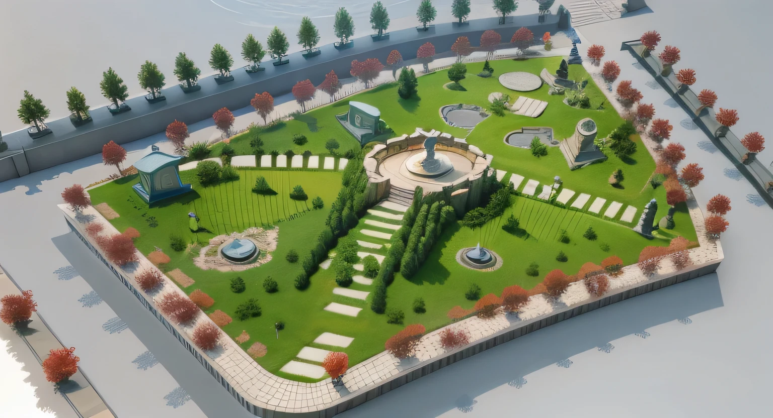 a rendering of a park with a fountain and a cemetery, beautiful isometric garden, 2 d cg, royal garden landscape, isometric invironment, garden environment, landscape architecture photo, realistic garden, isometric 3d render, conceptual, 3d cg, 3 d cg, isometric perspective view, isometric view!!!!, 3d design, 3 d design