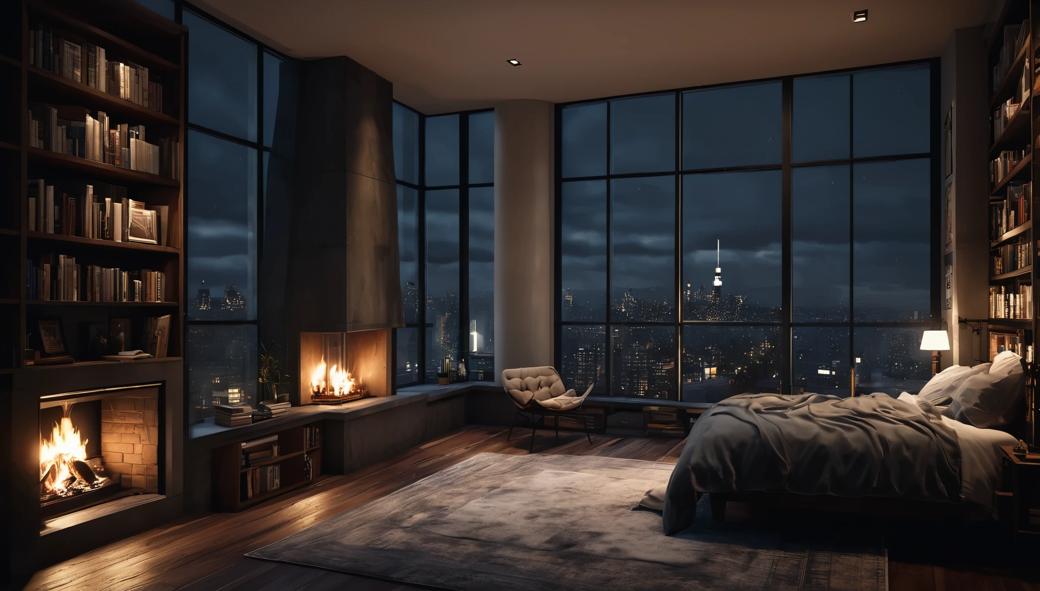 moody aesthetic, beautiful cozy, cramped bedroom with floor to ceiling glass windows overlooking a city at night, a stone fireplace, bookshelves, detailed, high resolution, photorrealistic, dark, gloomy