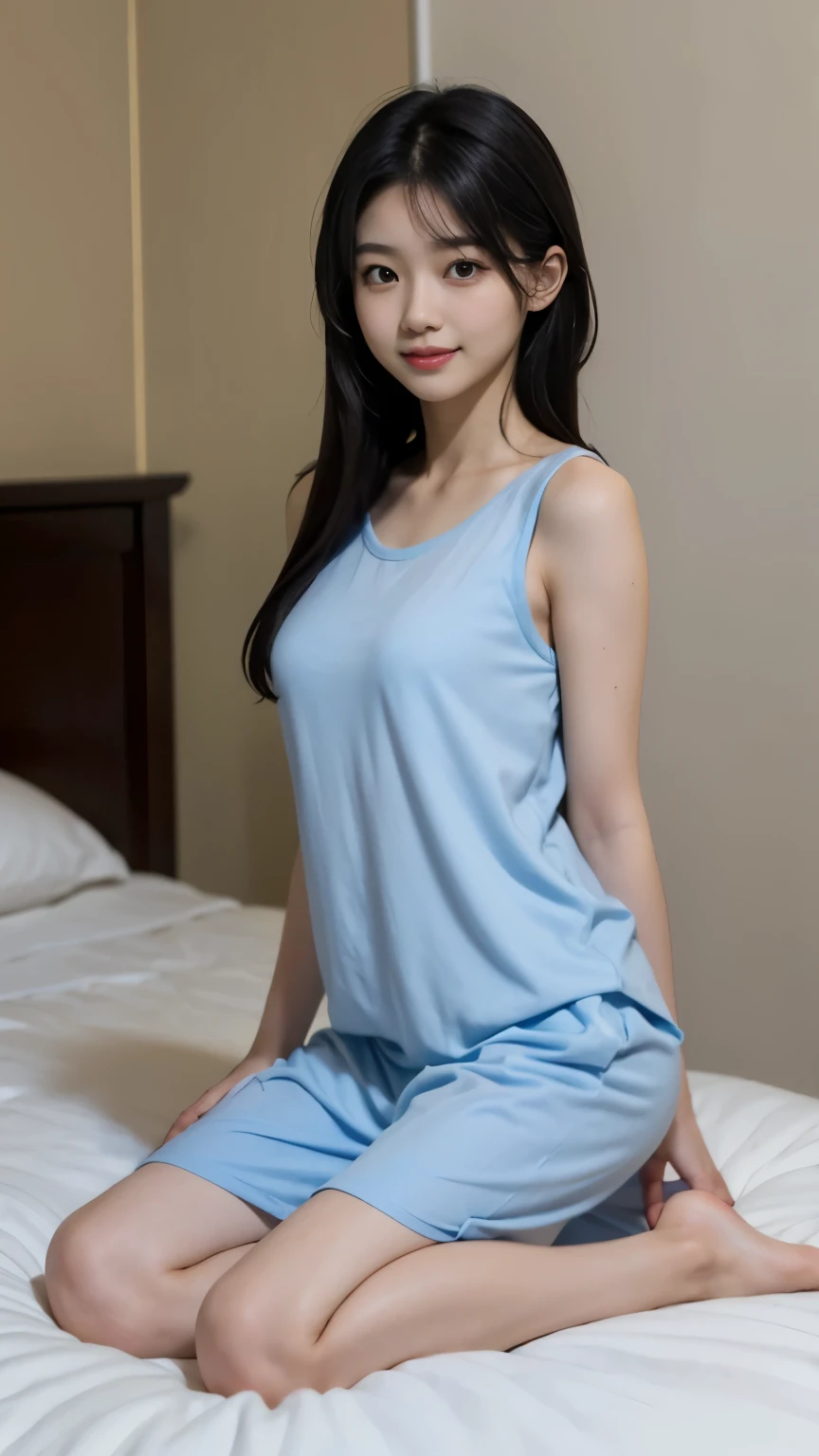 8K,top quality,masterpiece,realism,three-dimensional sense,Lovely,Physically based rendering,a female high school student,Chinese face,Lovely,full body shot,pajamas, sleeveless shirt,pajamas超短裤,Casual,transparency,Smile,Toothy,Fair and rosy skin,Short shoulder-length black hair,in bedroom。Kneel on the bed,,medium height,Have a good figure,SLR shooting,look at the audience,well laid out,frontal shot