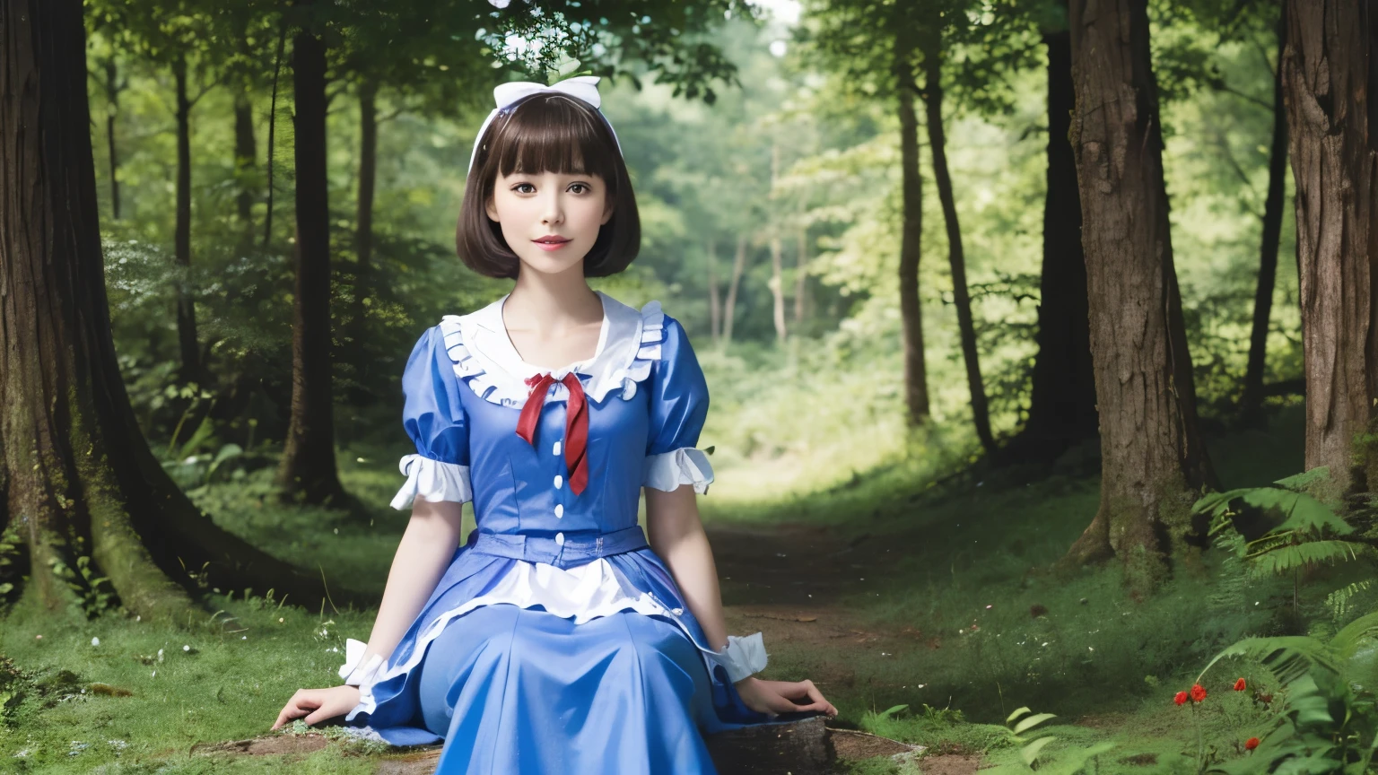 (alice in wonderland), 1-9-2, (She wears a large triangular ribbon on her head.), short hair, young woman, gentle smile, colorful clothes, in the deep forest, There is a large stump, fractal pattern
