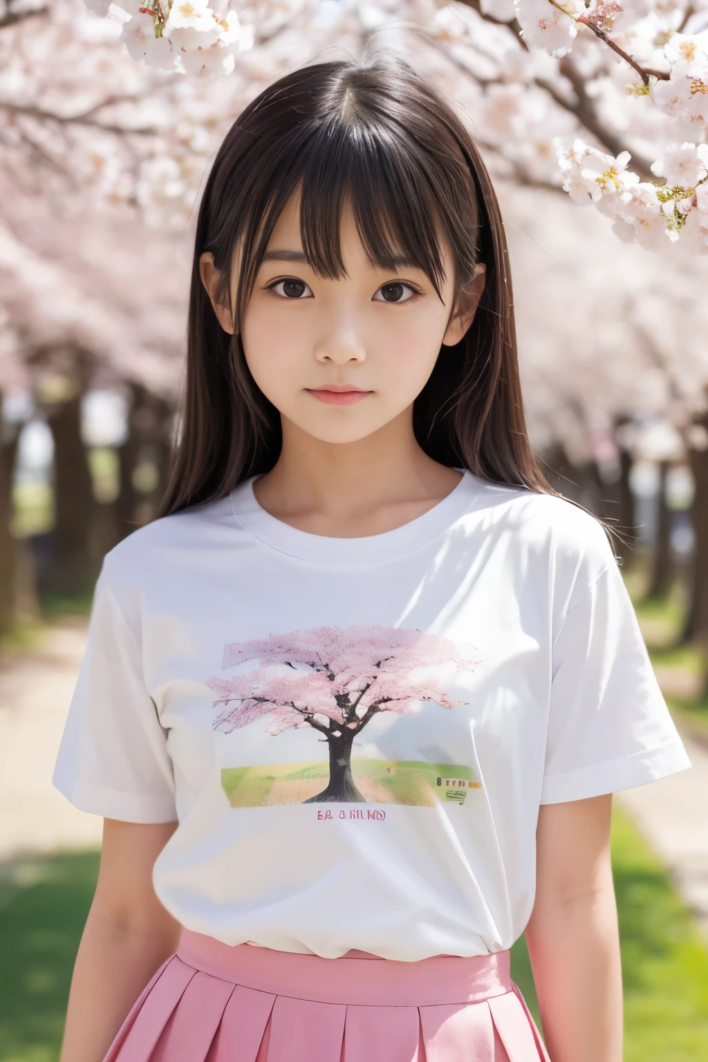 8K,masterpiece,Japanese,9 year old girl,from the front,Innocent face,calm eyes,Childish,T-shirt,short sleeve,short skirt,semi-long,noon,bright,Cherry blossom trees