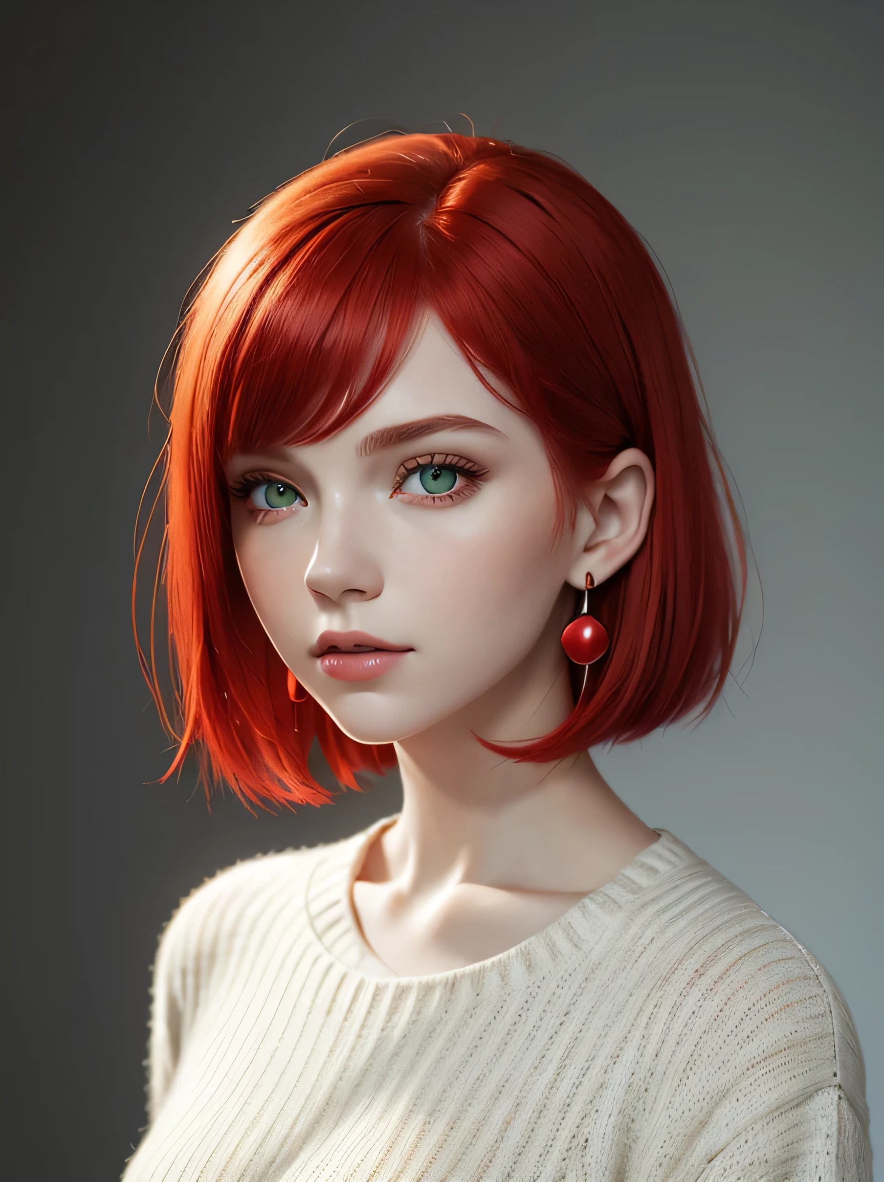 (Best Quality) (Photorealistic: 1.2) Young Girl, Red Hair Blood, Cut Red Bob, Highlight Red Hair, Side Bangs, Green Eyes, Pale Skin, Beautiful Face, White Sweater, Silver Earrings, Simple Background.