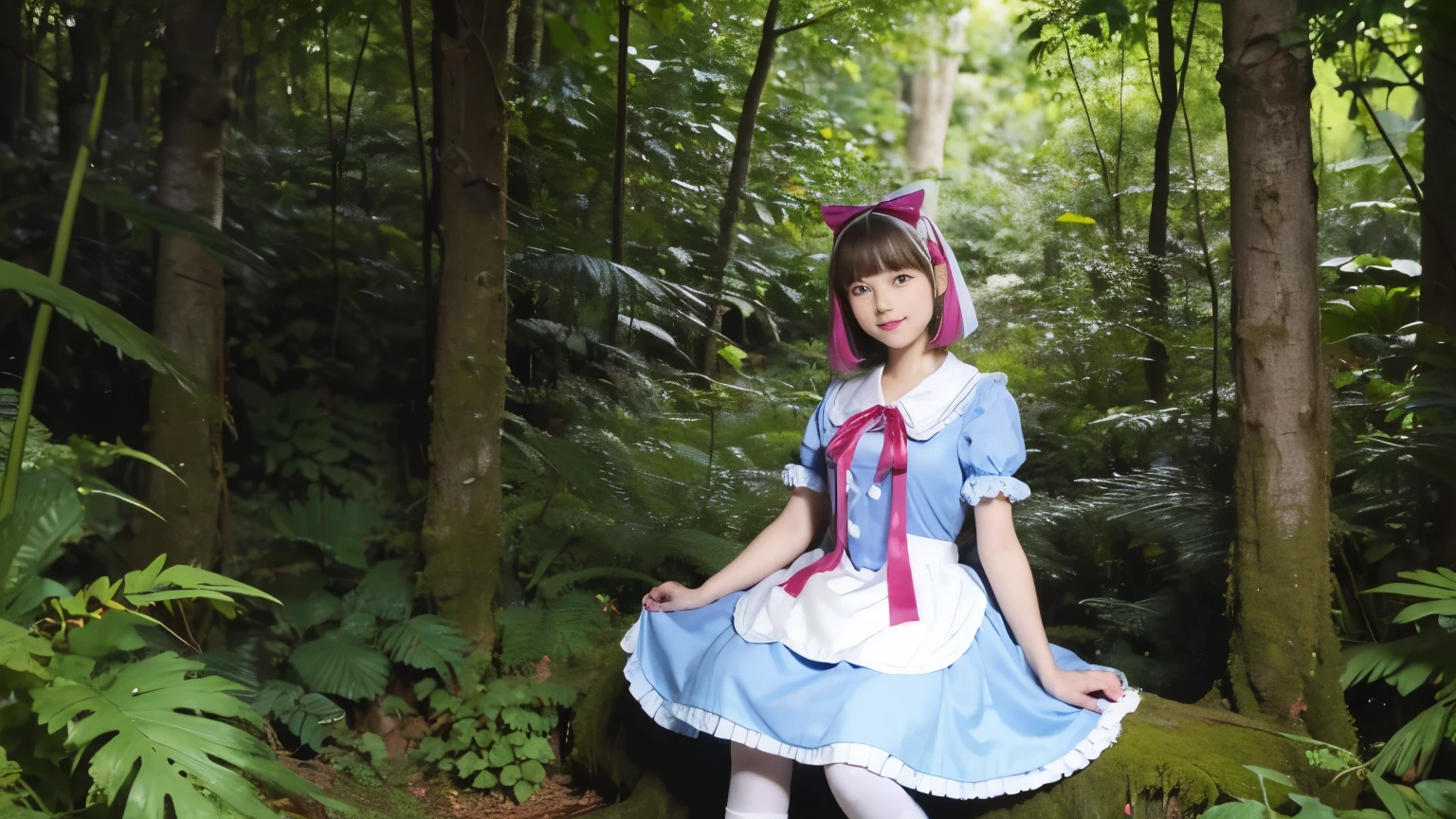 (alice in wonderland), 1-9-2, (She wears a large triangular ribbon on her head.), short hair, young woman, gentle smile, colorful clothes, in the deep forest, There is a large stump, fractal pattern
