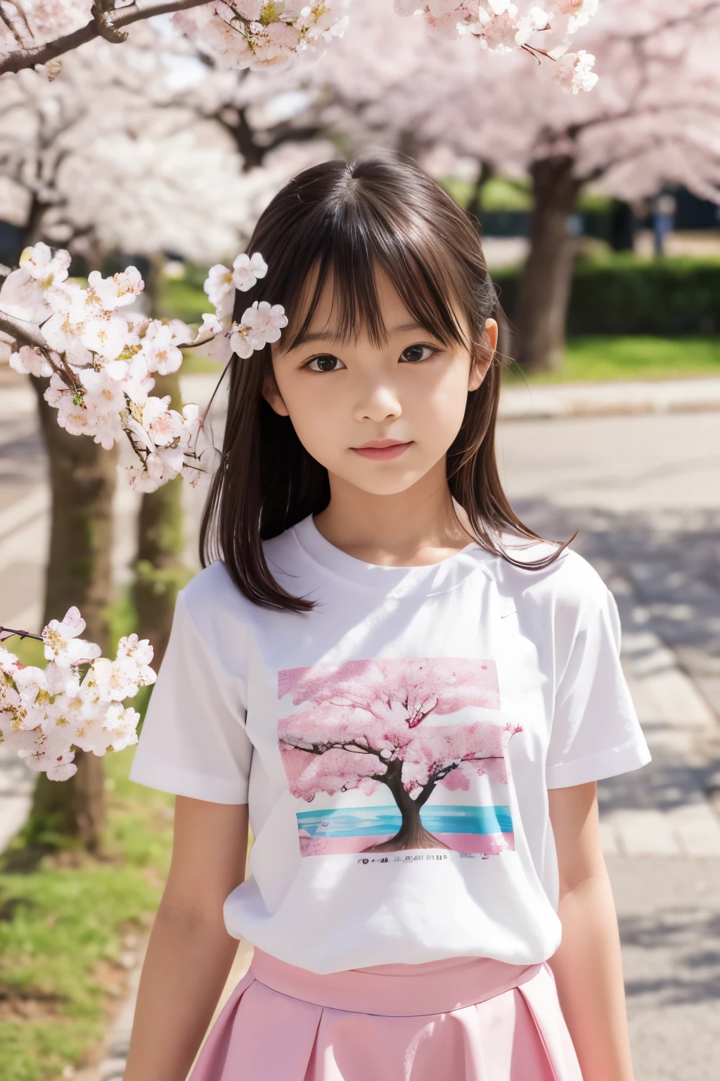 8K,masterpiece,Japanese,9 year old girl,from the front,Innocent face,calm eyes,Childish,T-shirt,short sleeve,short skirt,semi-long,noon,bright,Cherry blossom trees