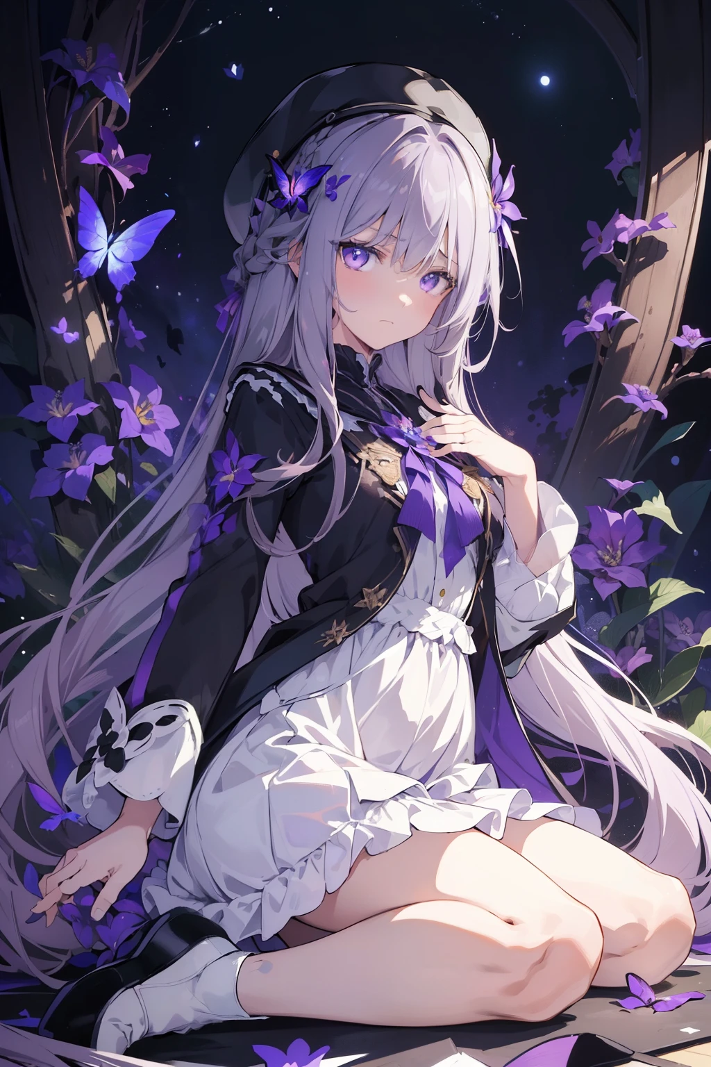 (best quality:1.3), (masterpiece:1.3), (illustration:1.3), (ultra-detailed:1.3), 1girl, solo, very young, flat chest, purple eyes, white hair, long hair, black dress, white coat, black beret, serious expression, angry expression, looking at viewer, purple flower, hair ornament, short, french braid, night sky, glowing purple butterfly, kneeling, flowerbed,