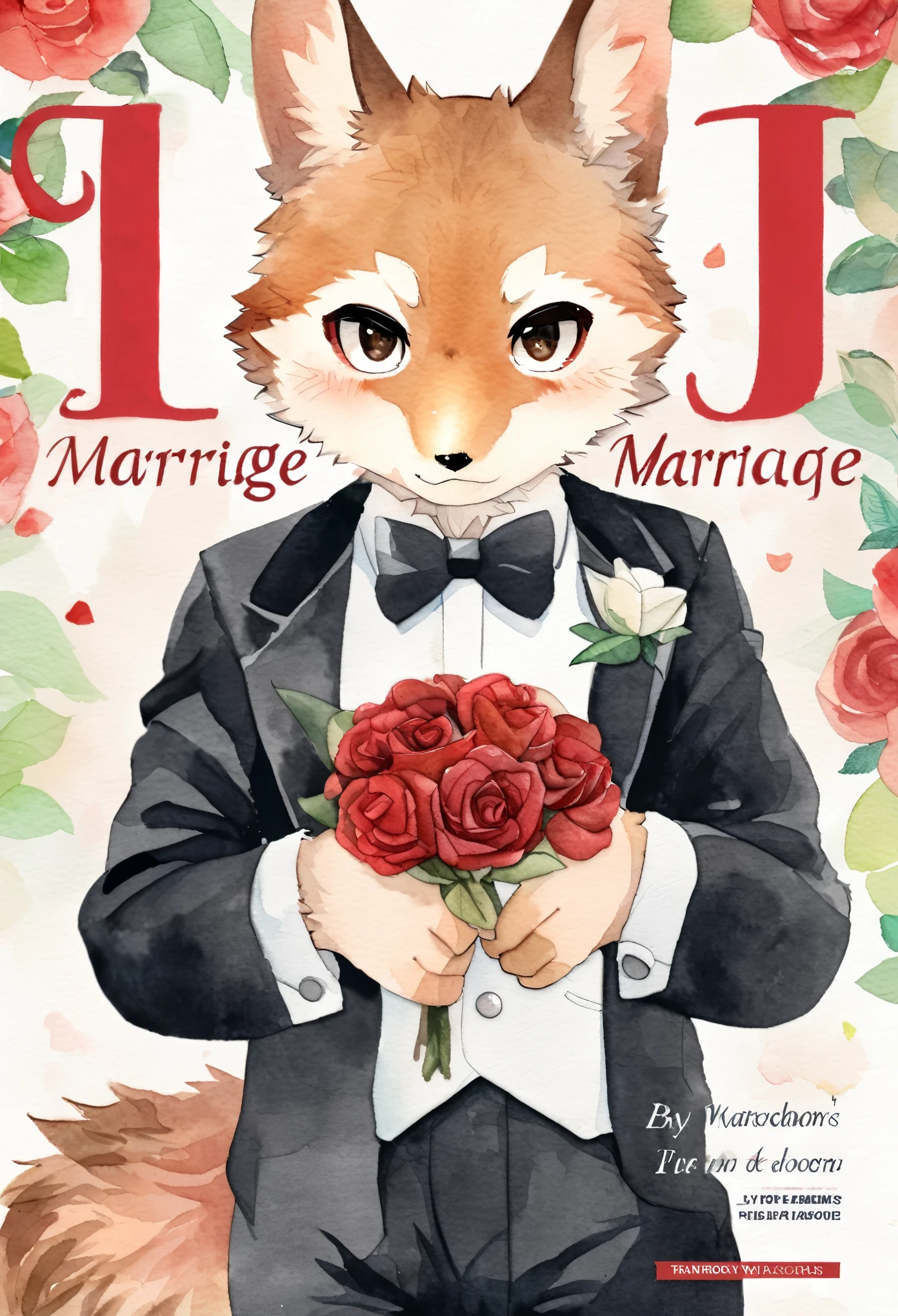 cover page, marriage information magazine, Watercolor elements, 1boy, kemono, furry, detailed body fur, animal face, animal hand, Handsome boy in tuxedo holding a red rose and looking at viewer,