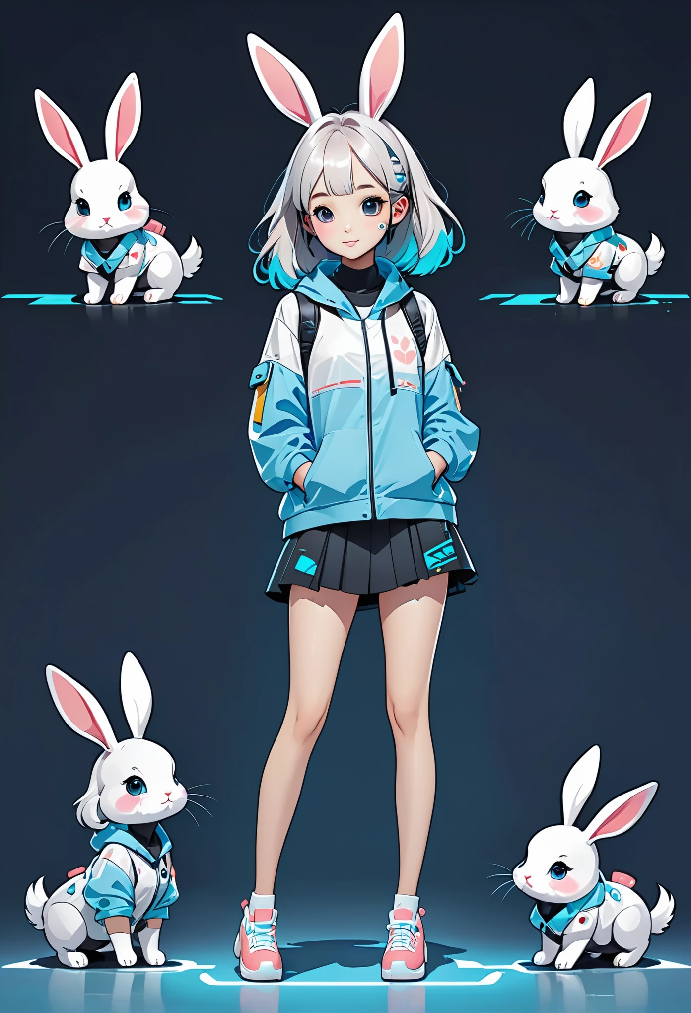 Cartoon animal design, Full body photo of cute bunny in flat style, Simple yet stylish, Fresh flat style, Application of cyberpunk elements, The front shows a charming and cute posture, The posture with the feet hanging down is so cute