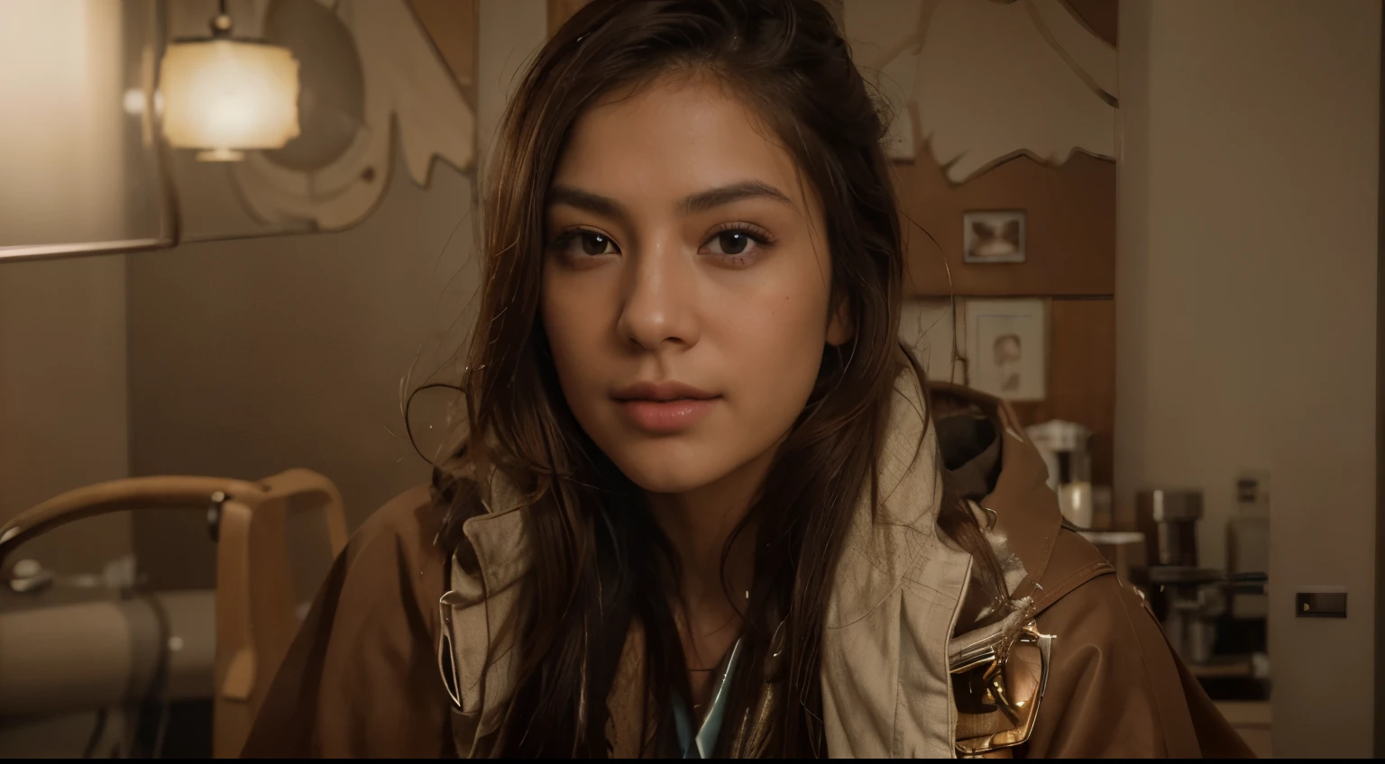 (masterpiece:1.3), (8K, Fotorrealista, raw photography, Calidad de imagen superior: 1.4), Chicas de secundaria japonesas、(Peinados al azar:1.2)、escote del pecho:1.2、super detailed face、Ojo del detalle、double eyelid、Junta tu pecho、sharp focus:1.2、mujer bonita:1.4、light brown hair、de primera calidad、masterpiece、super high resolution、(Fotorrealista:1.4)、Professional and highly detailed lighting smile.、Prendas de punto holgadas y ligeras、hombro hacia afuera、esbelto、serious facial expression、de pelo corto、fatal position