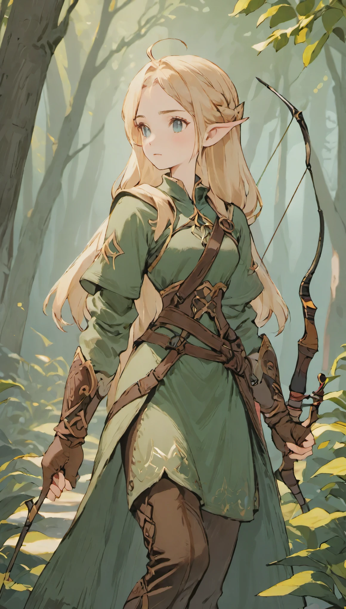 female adventurer, full body, Game Art Style, (masterpiece),  highest quality, High resolution, 4k, 8K, Detail view, intricate details, cinematic lighting, amazing quality, 1 girl, Archer、elf ears、ash blonde hair, great shading, soft lighting, Face-to-face camera, perfect eyes