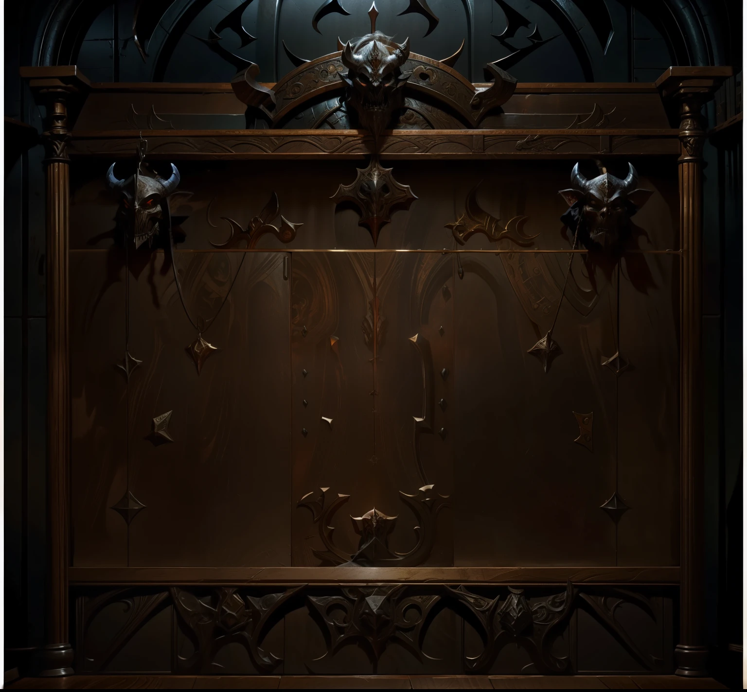 A large medieval shelf，Small devil head decoration，Storage Racks，concept art,  game overlay, 8k hd wallpaperjpeg artifact, 8 k hd wallpaperjpeg artifact, warcraft blizzard weapon art,Demon Head,  card frame, Metal, Diablo concept, Blizzard concept, game concept design，（Do not appear characters related),