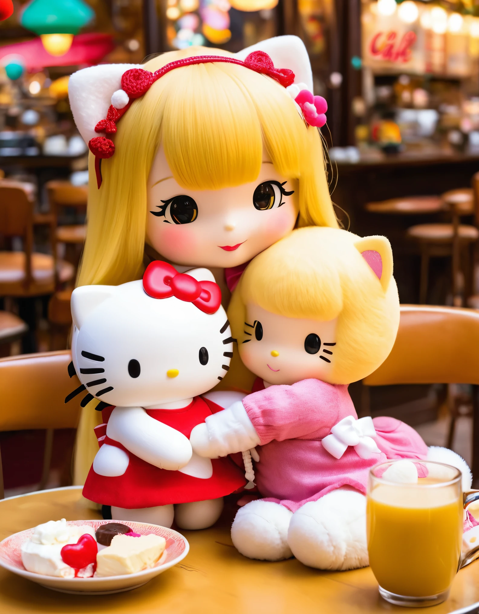 Crea a dos chicos, una alto de pelo cafe, another smaller blonde, believe them giving each other a hug, ponlos a ambos con ropa de pompompurin, and they are both hugging, hazlos en un paisaje del mundo de hello kitty