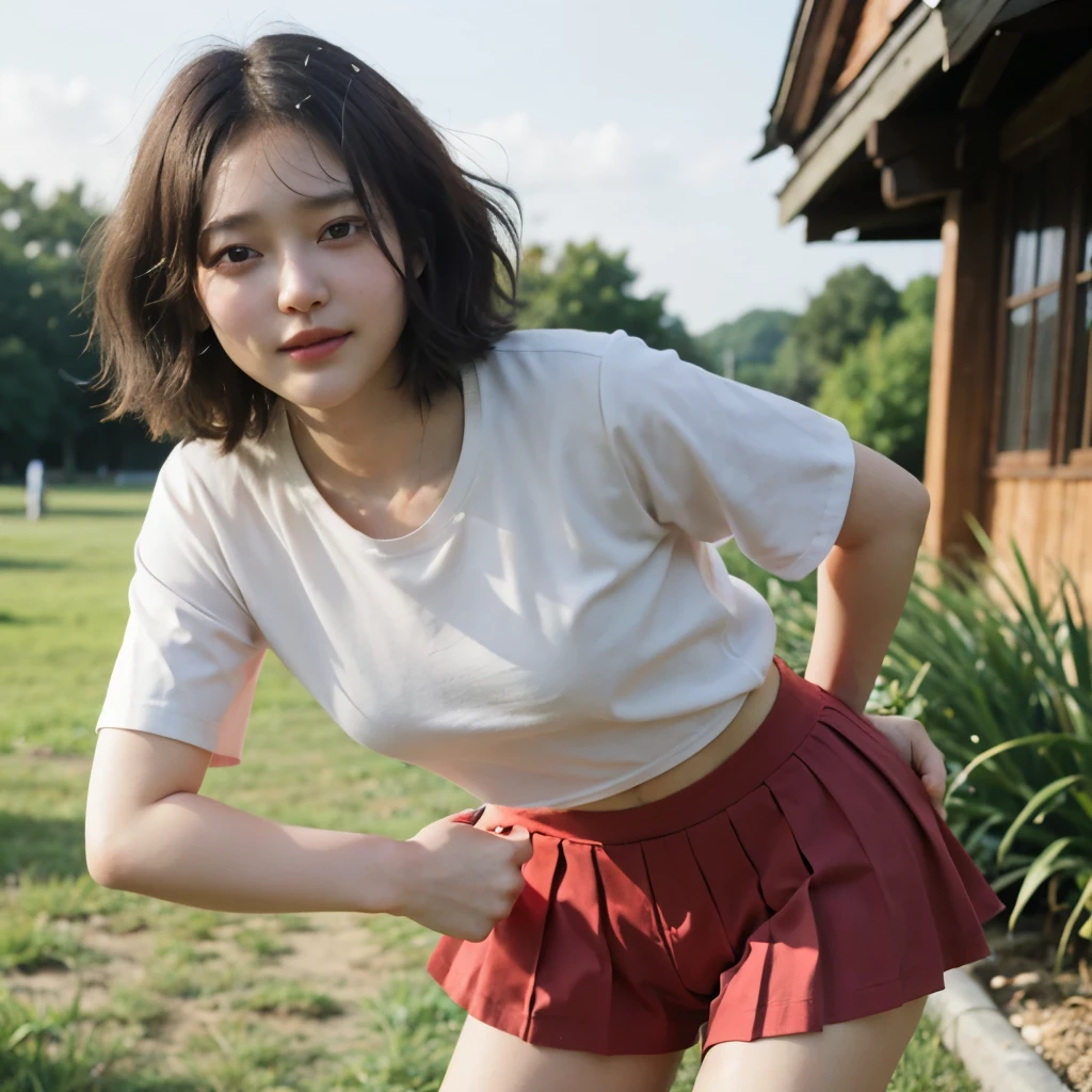 -yeld gi shorts:1.5, no underwear:1.6, carefree, playful, sunlit, best quality, close-up shot, fine details, vulnerable, innocence lost, NTSC resolution, casual pose, short curly hair, freckles, red cheeks, oversized t-shirt, barefoot, wild grass background, pet in hand, smile, hands on hips, skirt hiked up, revealing, embarrassment, embarrassing situation, unintended exposure, candid moment, childhood memories, warm summer day, ignorance bliss.